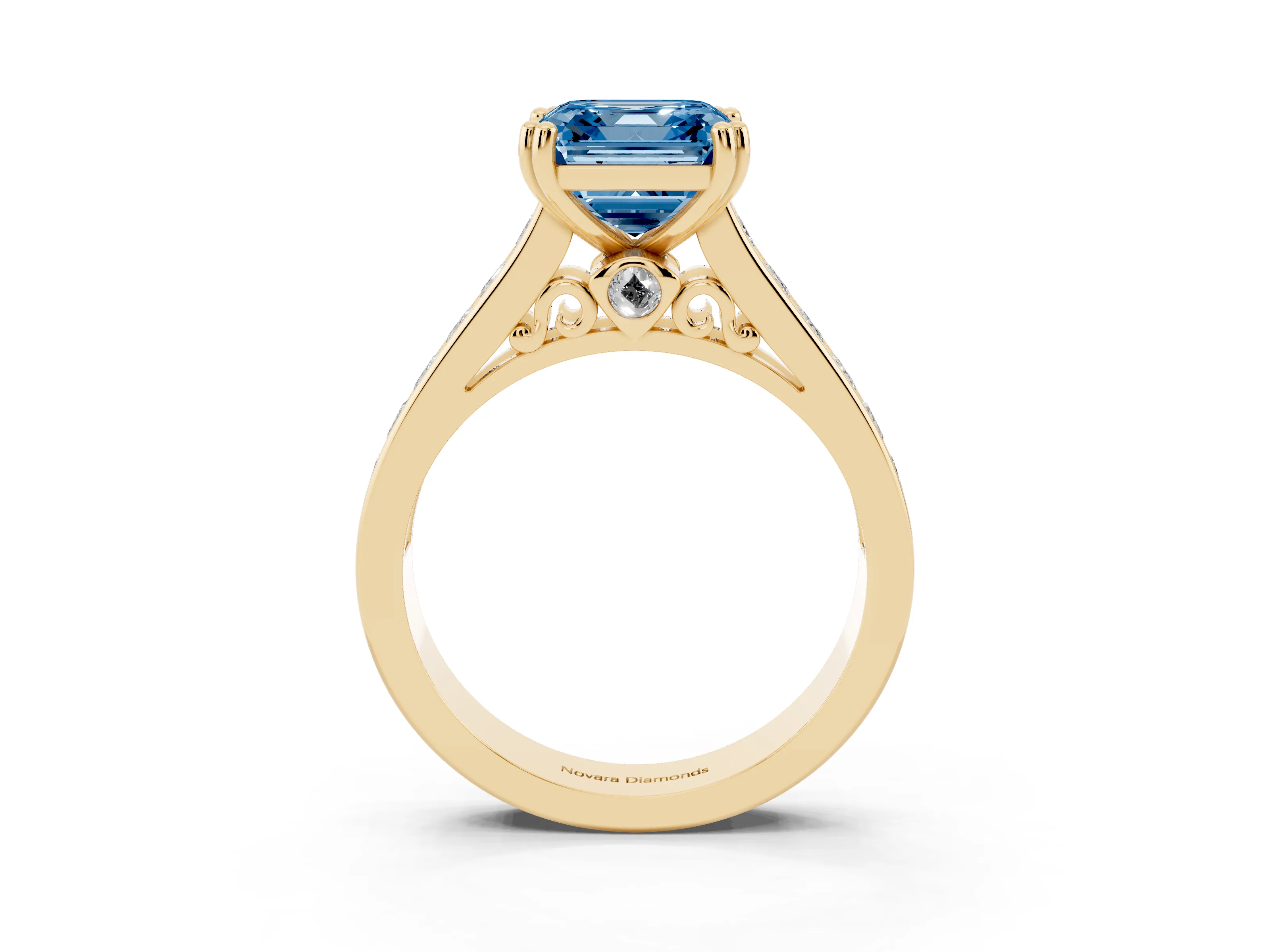 Fancy Blue Asscher Cut Diamond Channel Set Solitaire Engagement Ring Set in Yellow gold with Prong Setting