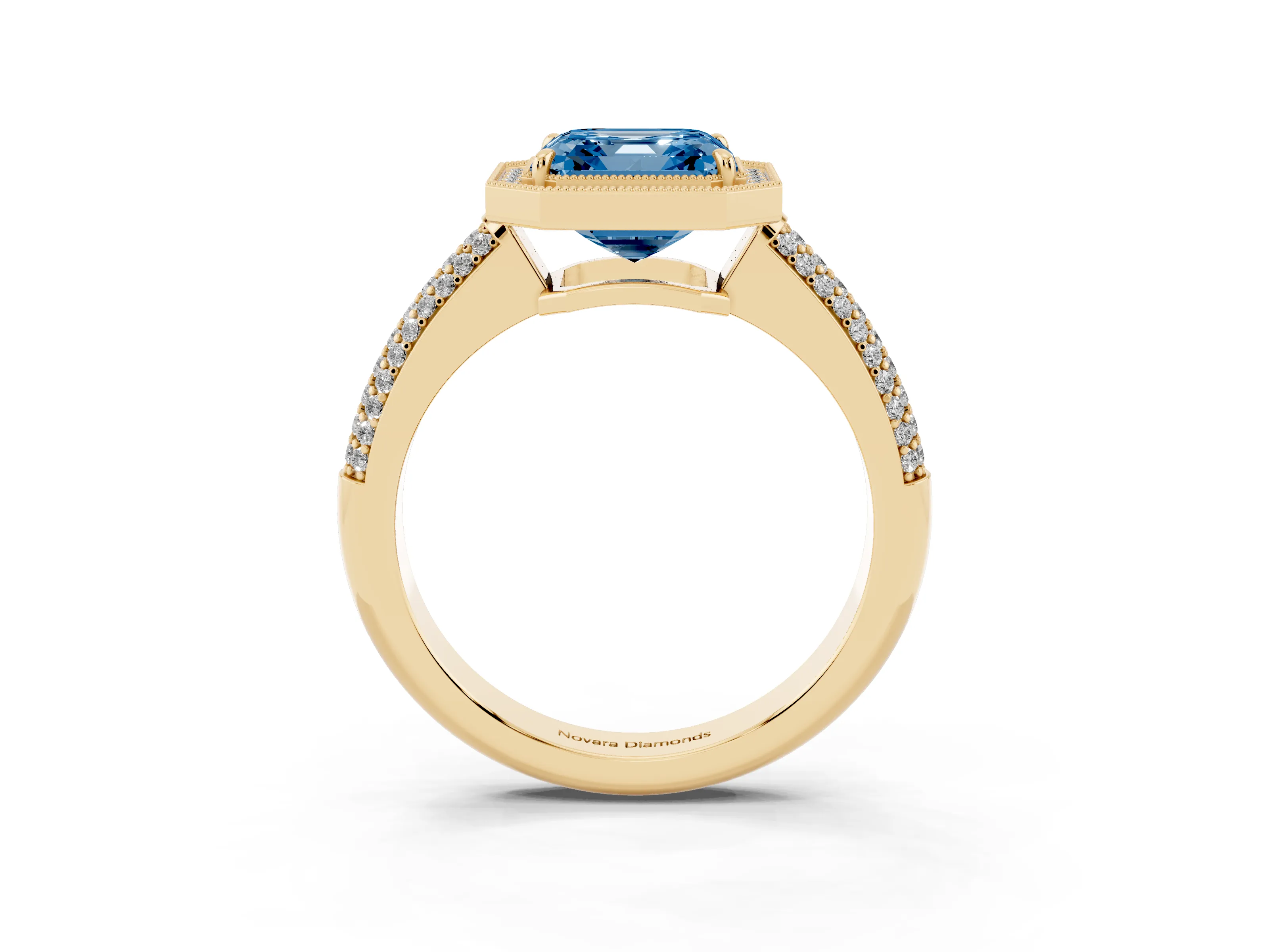 Fancy Blue Asscher Cut Diamond Halo Pavé Band Set in Yellow gold with Prong Setting