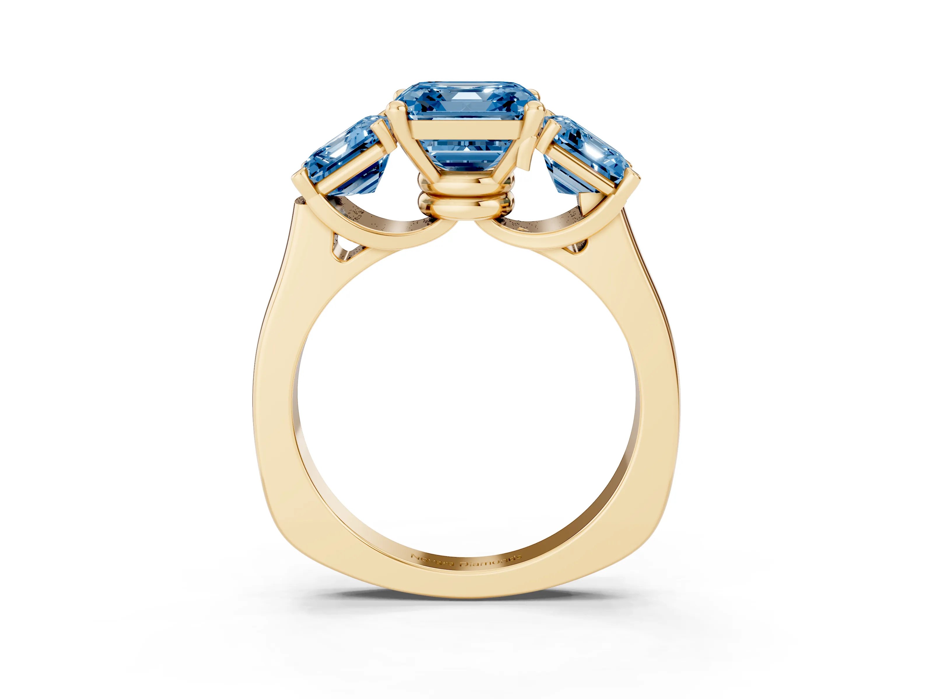 Fancy Blue Asscher Cut Diamond Three-Stone Trellis Ring Set in Yellow gold with Comfort Fit Band