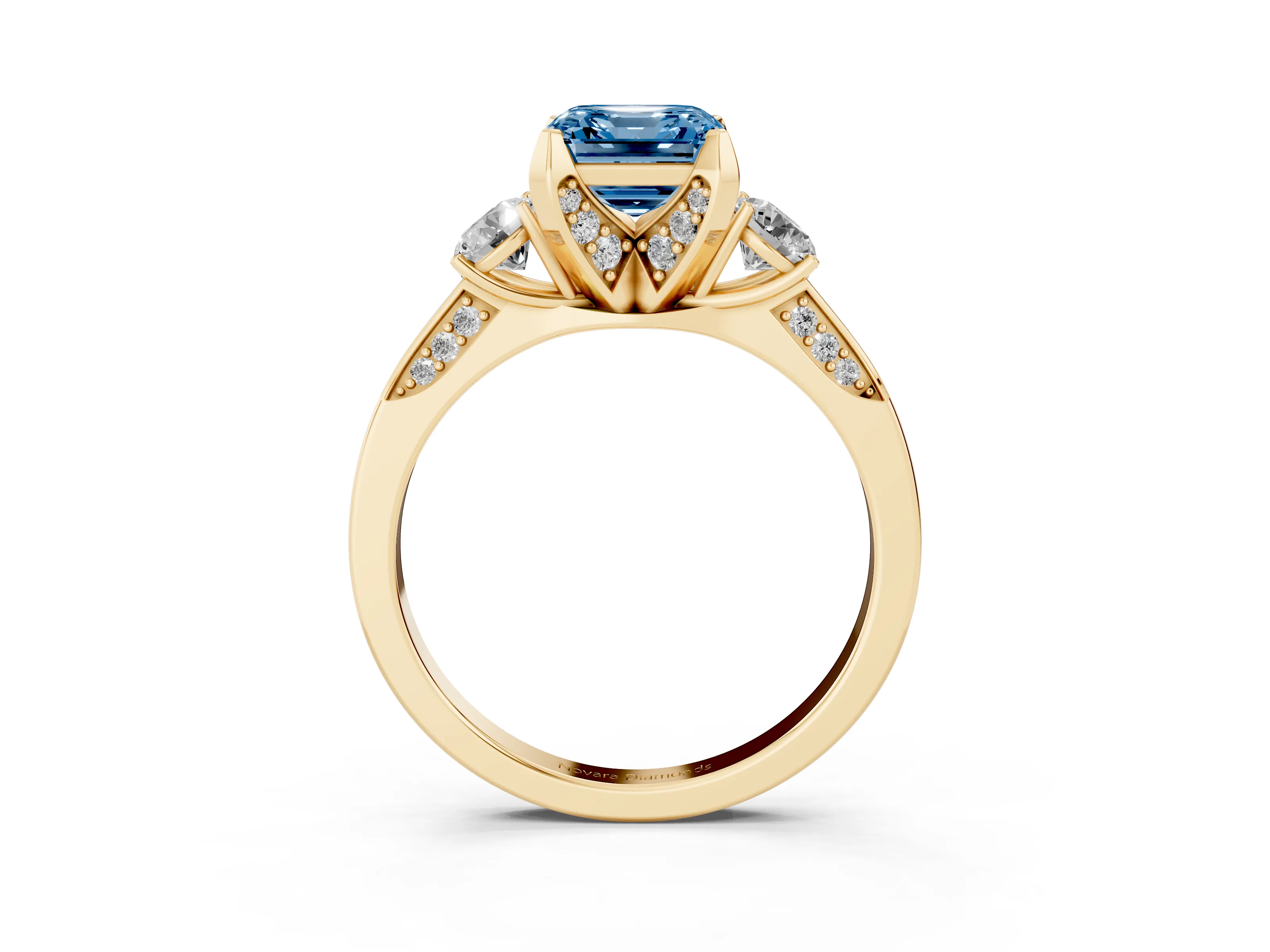 Fancy Blue Asscher Cut Diamond Three-Stone Ring Set in Yellow gold with Pavé Band and Smaller Side Stones