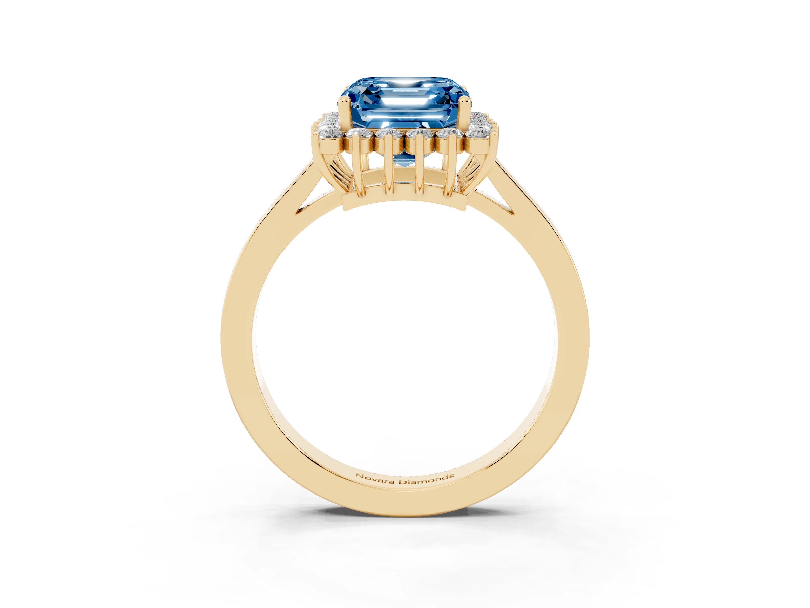 Fancy Blue Asscher Cut Diamond Halo Ring Set in Yellow gold with Round Halo and Smooth Solitaire Band