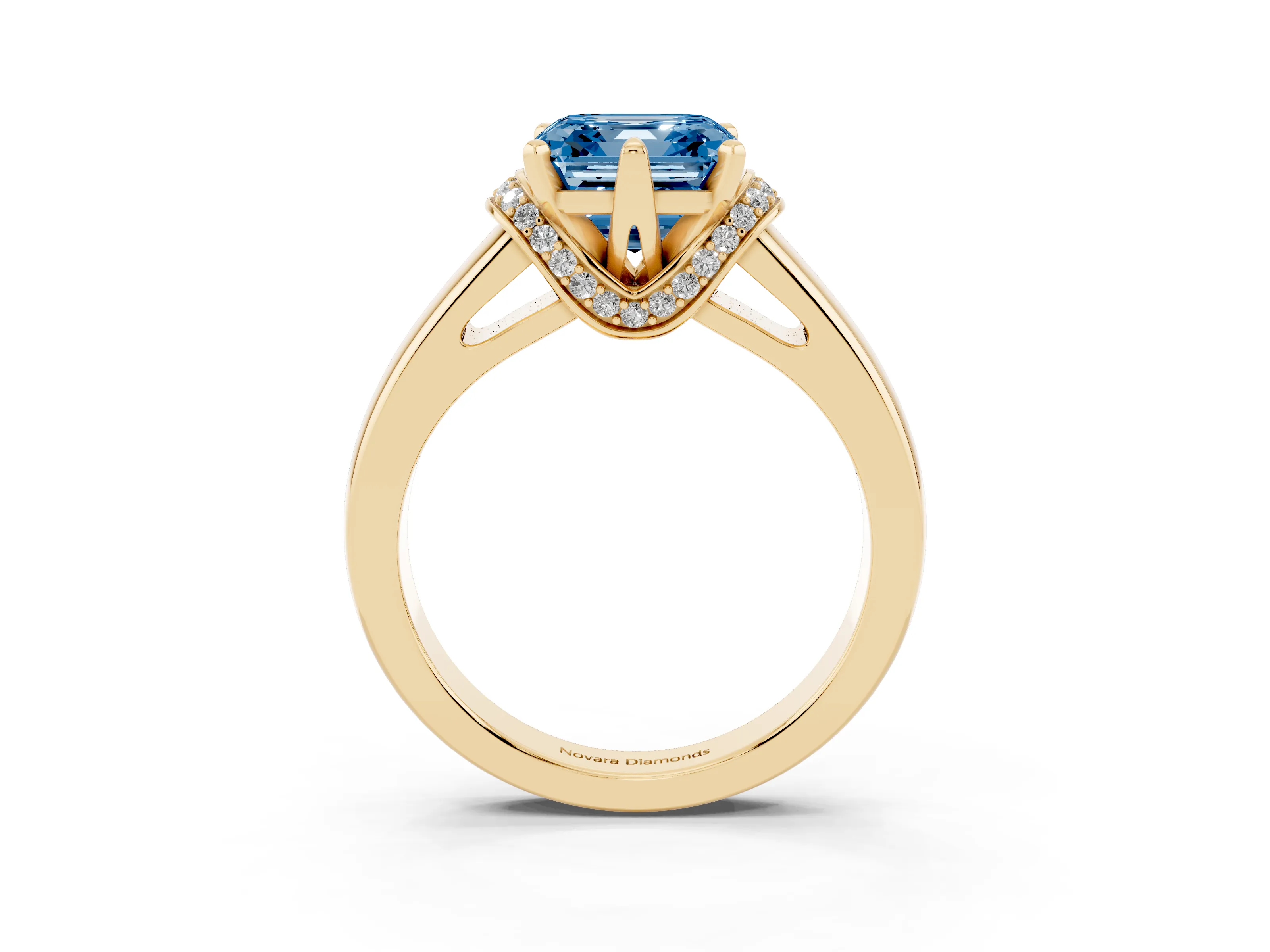 Fancy Blue Asscher Cut Diamond Pavé Band Solitaire Ring Set in Yellow gold with Prong Setting