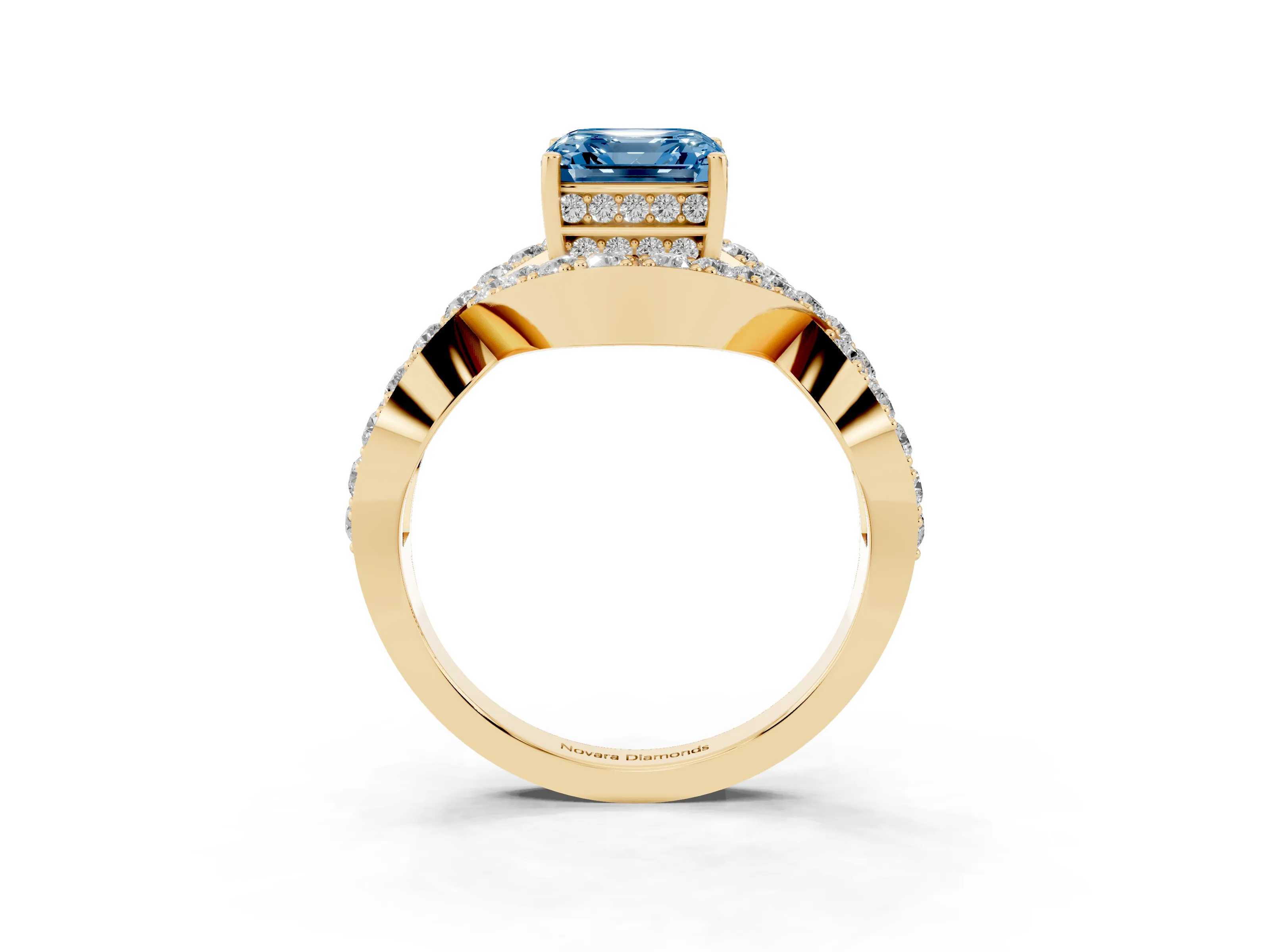 Fancy Blue Asscher Cut Diamond Solitaire Twist Band Pavé Engagement Ring Set in Yellow gold