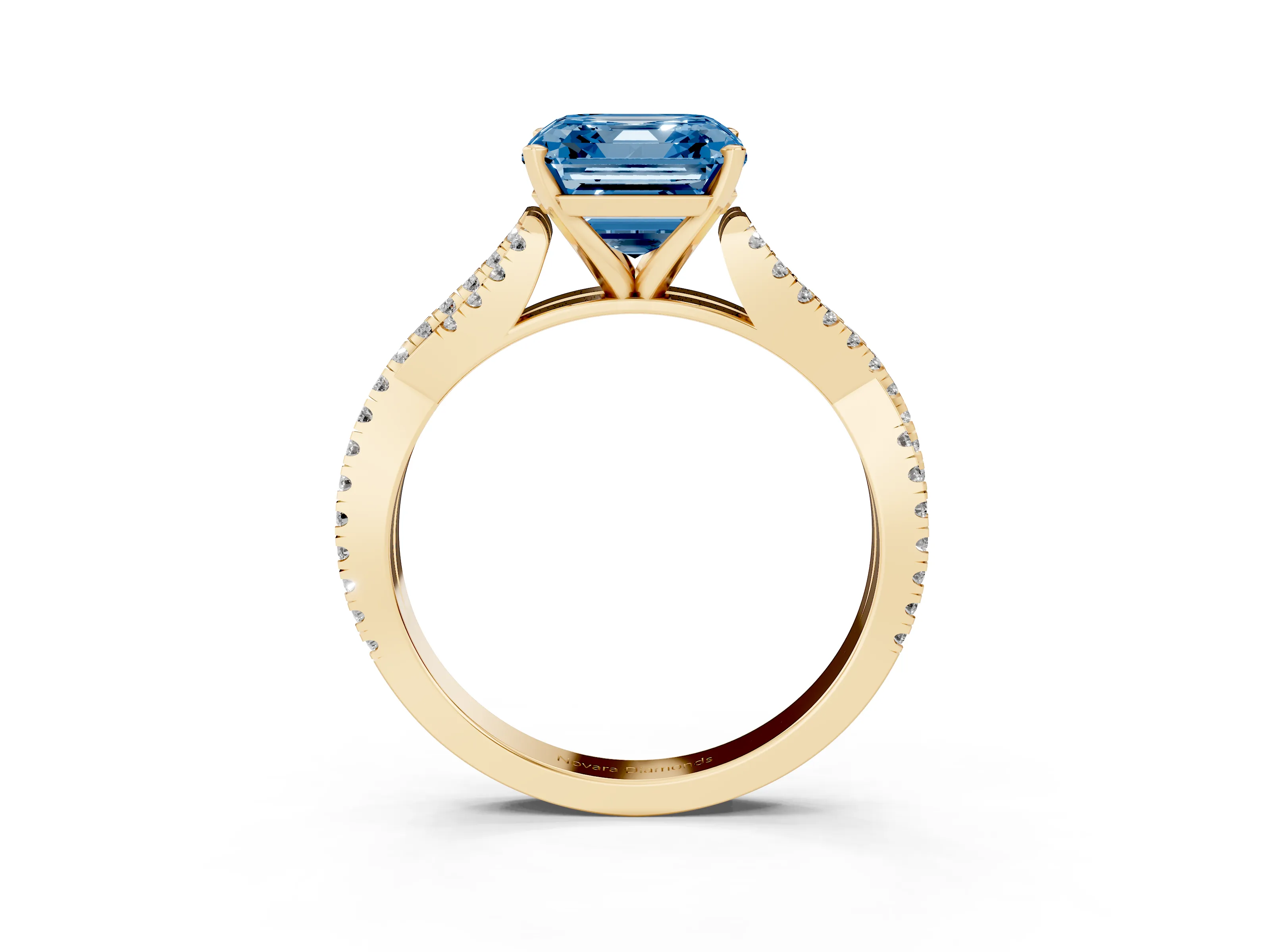 Fancy Blue Asscher Cut Diamond Solitaire Engagement Ring Set in Yellow gold with Twisted Pavé Band and Prong Setting