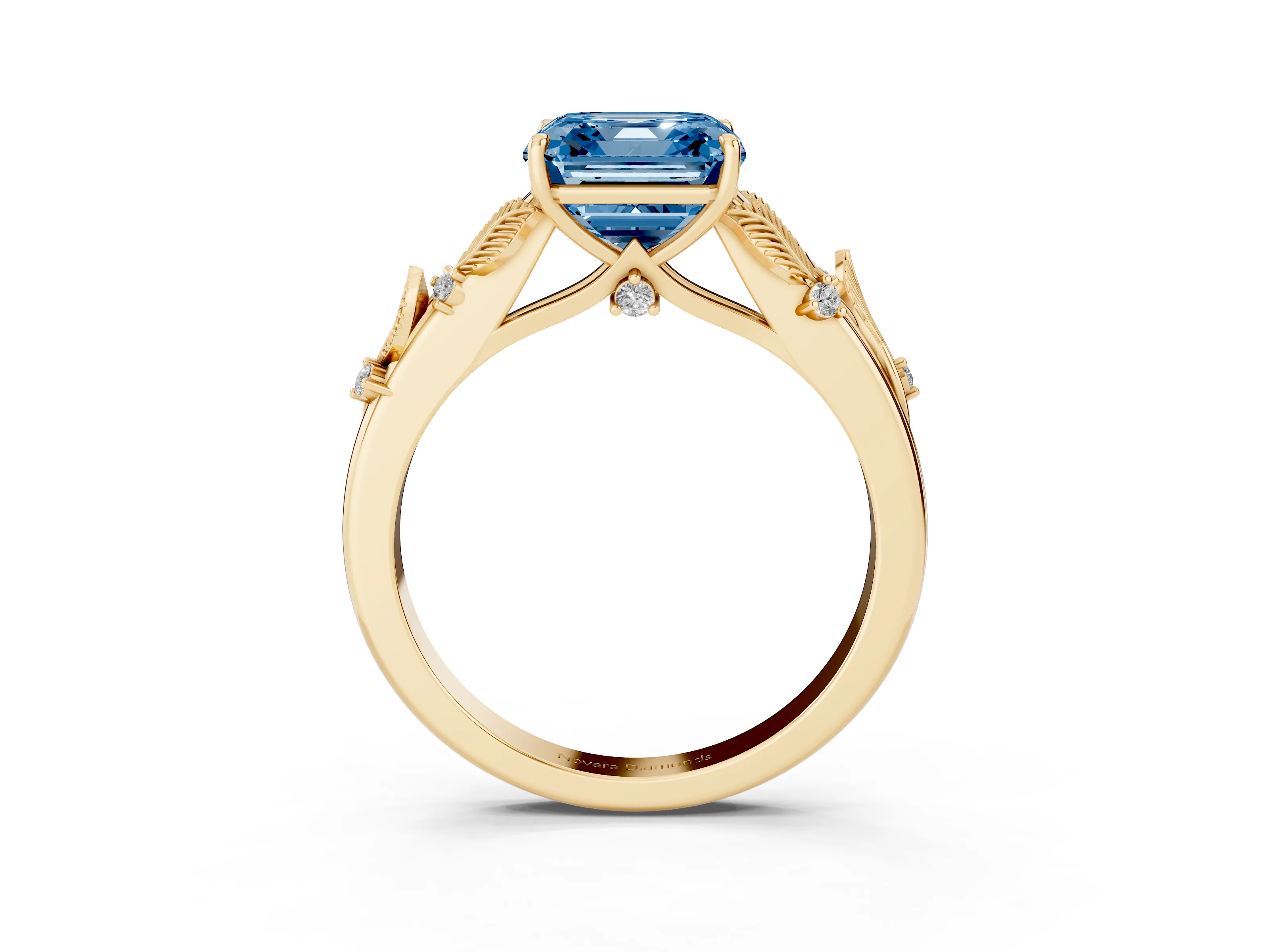 Fancy Blue Asscher Cut Diamond Solitaire Ring Set in Yellow gold with Leaf Motif Band