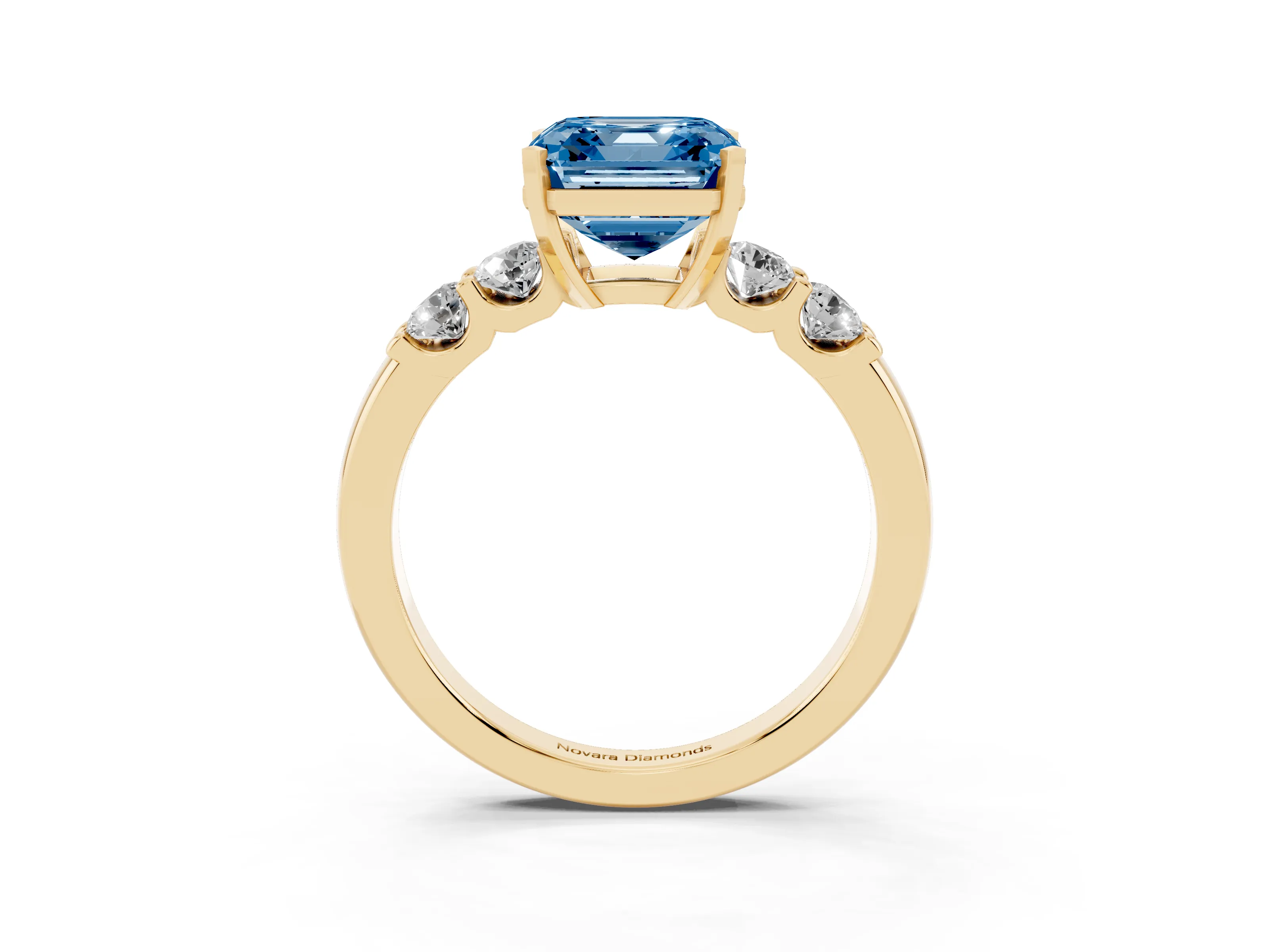 Fancy Blue Asscher Cut Diamond Five-Stone Prong Set Engagement Ring Set in Yellow gold with Channel Band