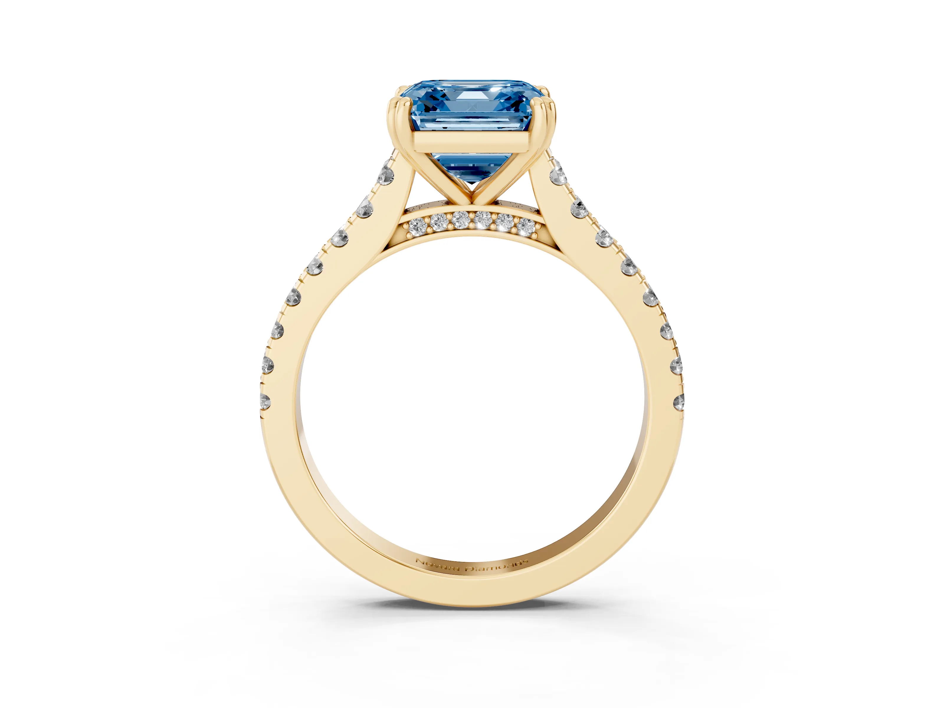Fancy Blue Asscher Cut Diamond Solitaire Engagement Ring Set in Yellow gold with Pavé Accents and Prong Setting