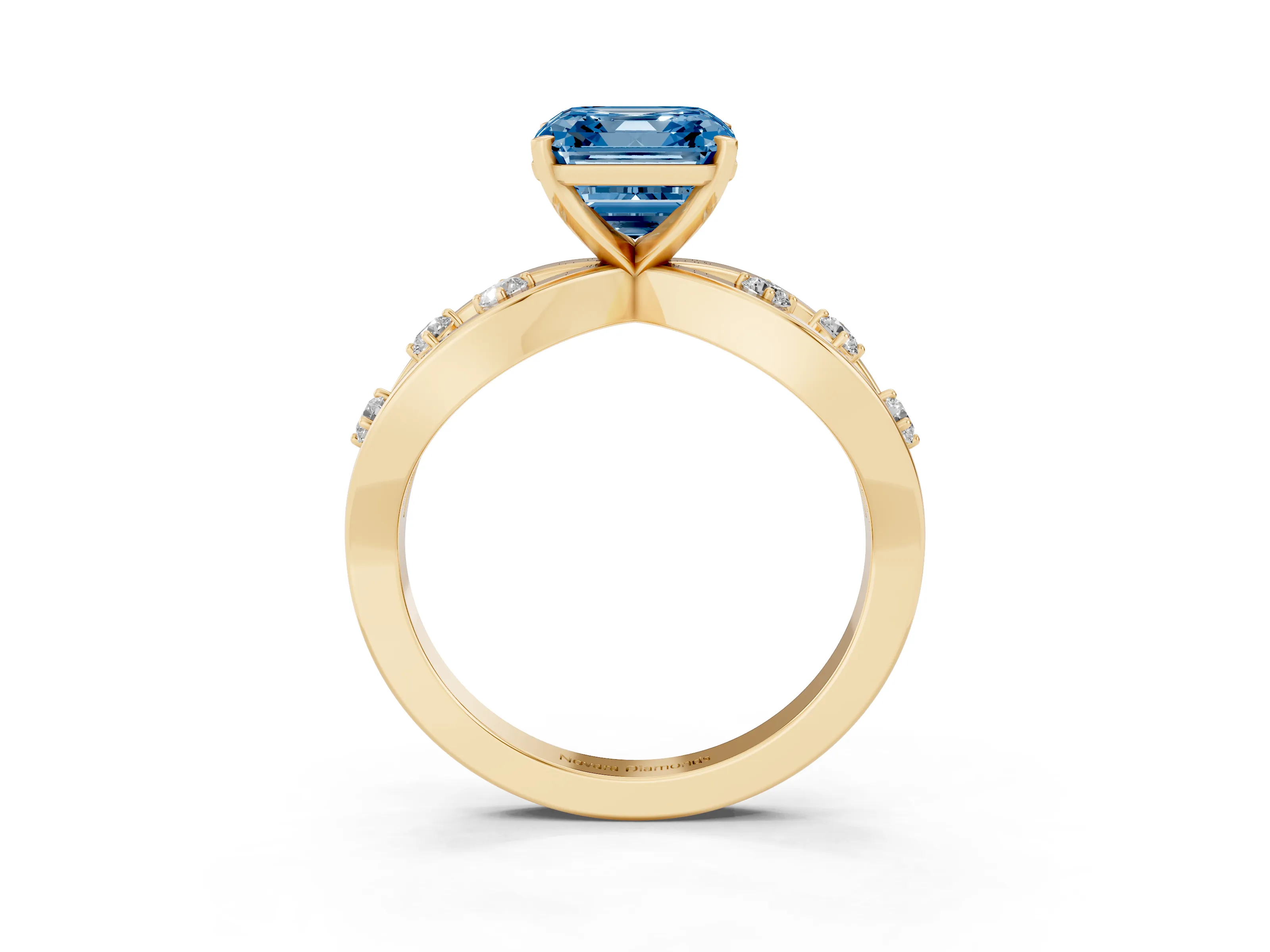 Fancy Blue Asscher Cut Diamond Solitaire Ring Set in Yellow gold with Side Stones on Criss-Cross Band and Prong Setting
