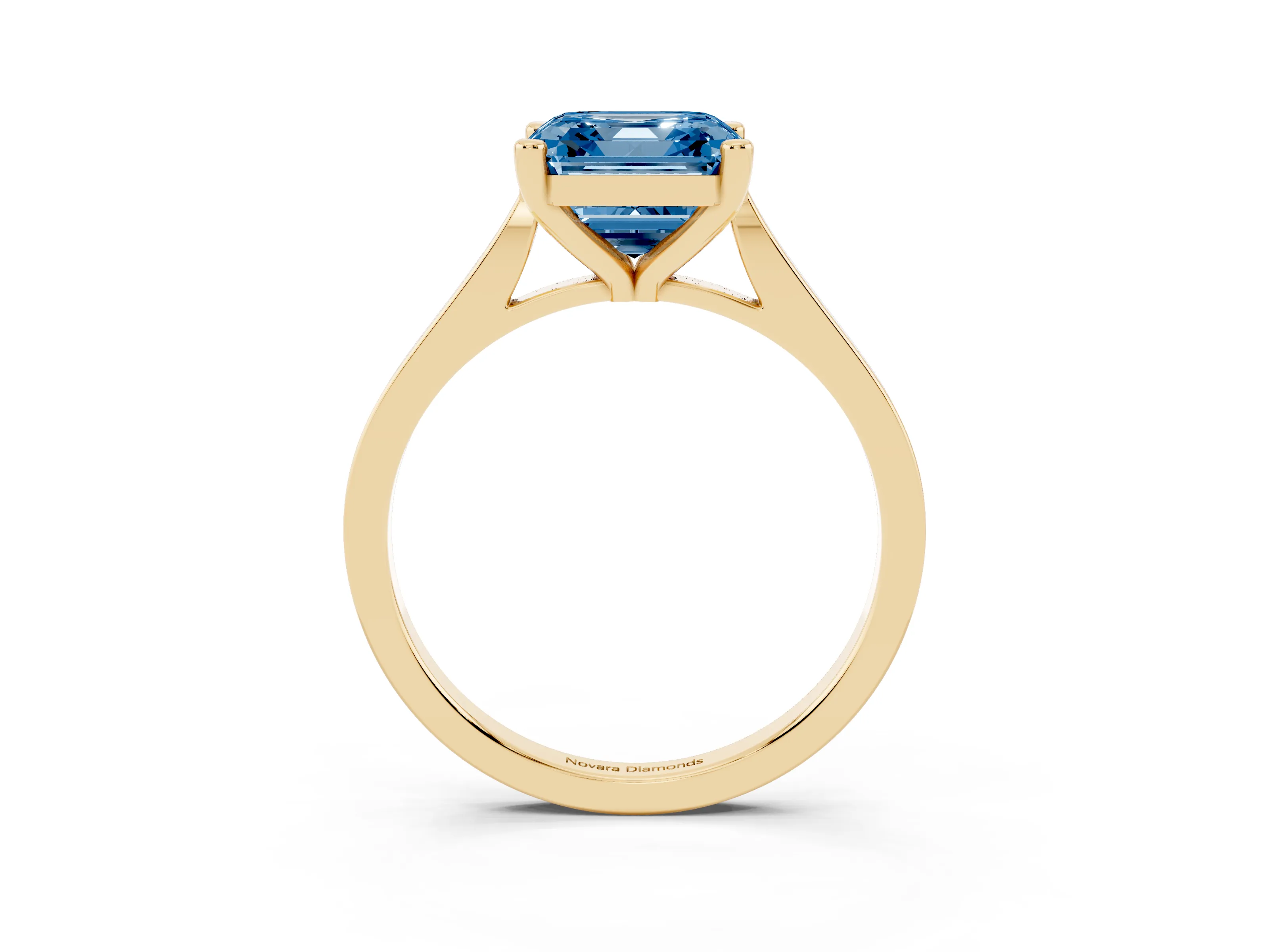 Fancy Blue Asscher Cut Diamond Solitaire Ring Set in Yellow gold with Prong Setting and Tapered Band