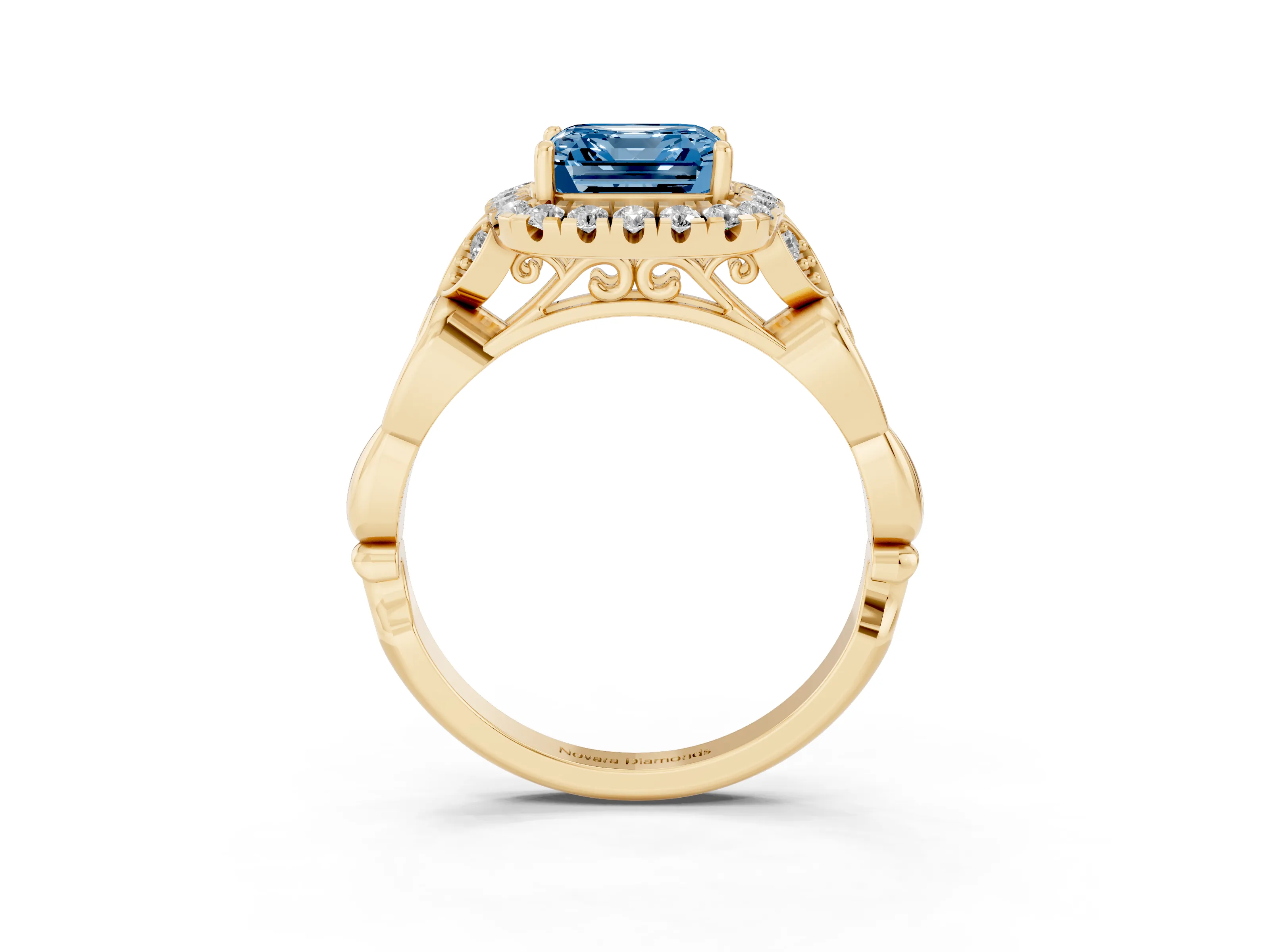 Fancy Blue Asscher Cut Diamond Halo Engagement Ring Set in Yellow gold with Vintage-Inspired Band and Prong Setting
