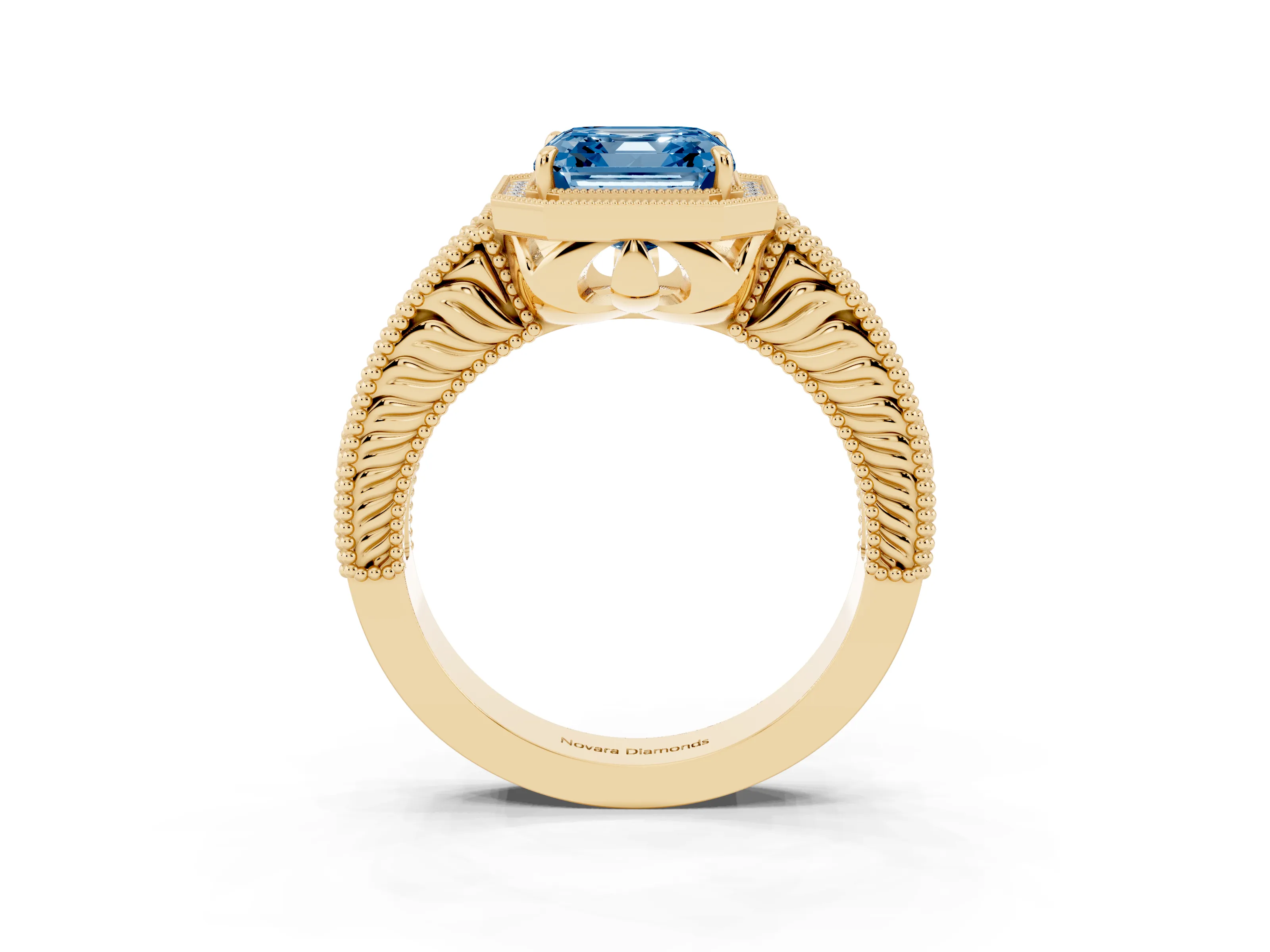 Fancy Blue Asscher Cut Diamond Halo Ring Set in Yellow gold with Round Accent Halo, Pavé Band and Prong Setting