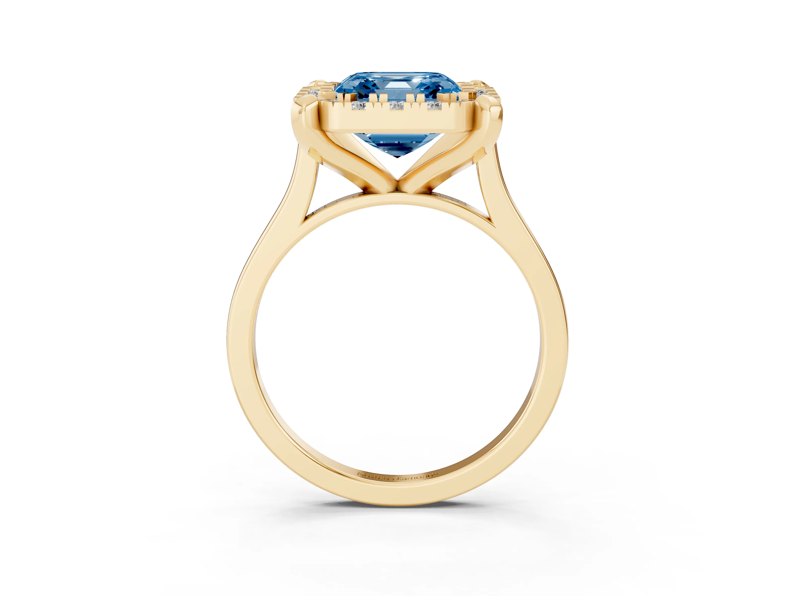 Fancy Blue Asscher Cut Diamond Cluster Halo Solitaire Ring Set in Yellow gold with Prong Setting