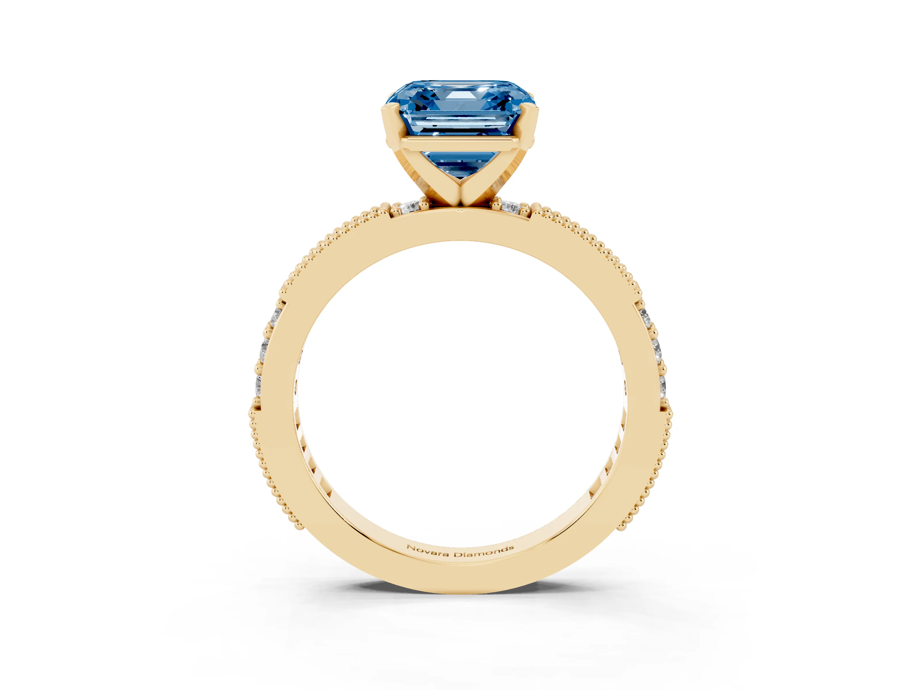 Fancy Blue Asscher Cut Diamond Solitaire Ring Set in Yellow gold with Slim Pavé Band and Prong Setting