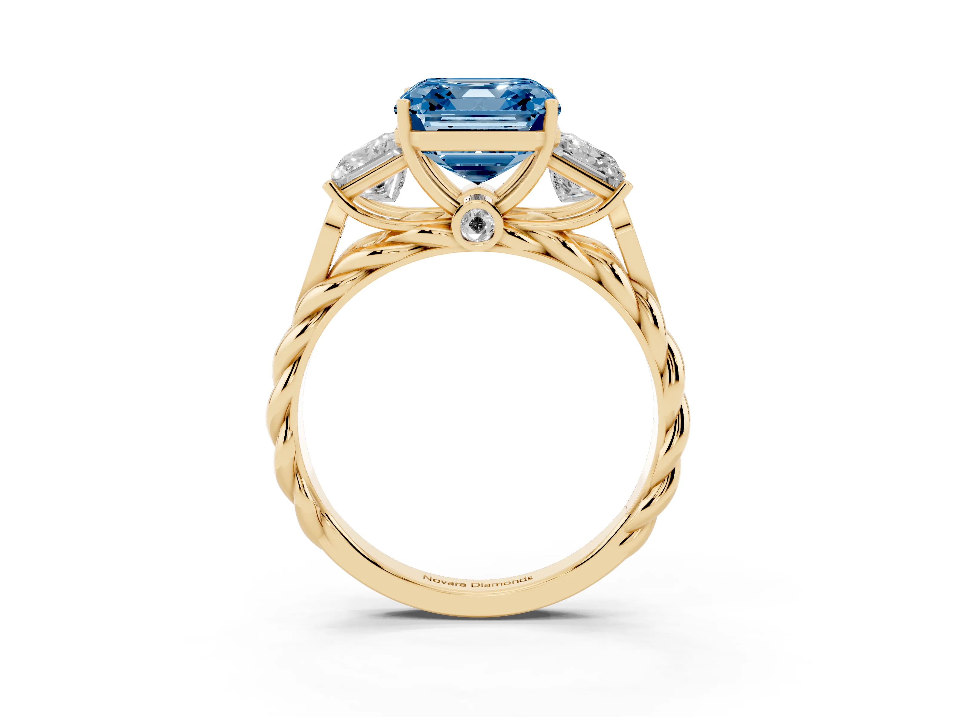 Fancy Blue Asscher Cut Diamond Three-Stone Ring Set in Yellow gold with Braided Band