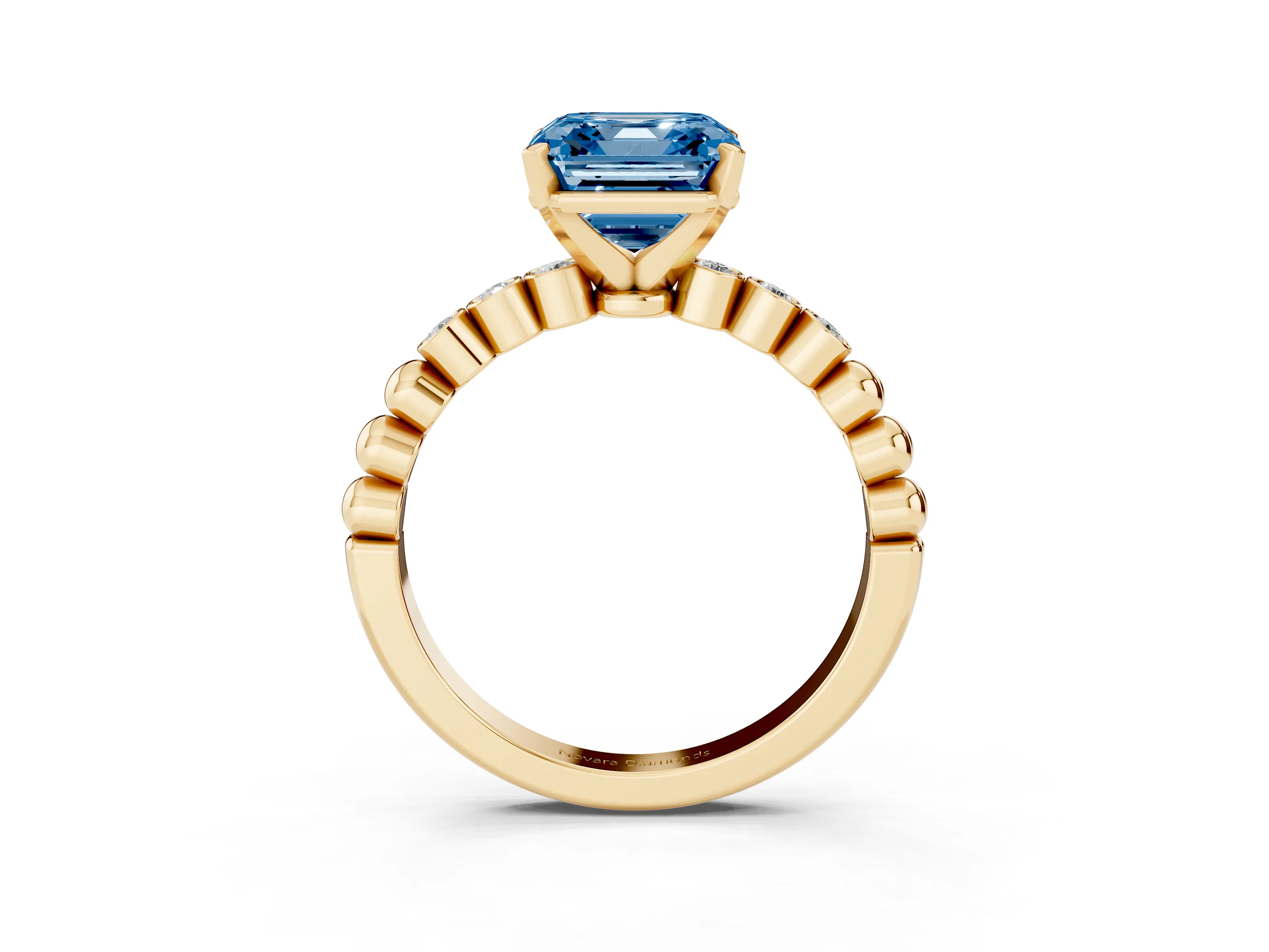 Fancy Blue Asscher Cut Diamond Solitaire Engagement Ring Set in Yellow gold with Bezel Accents on Beaded Band