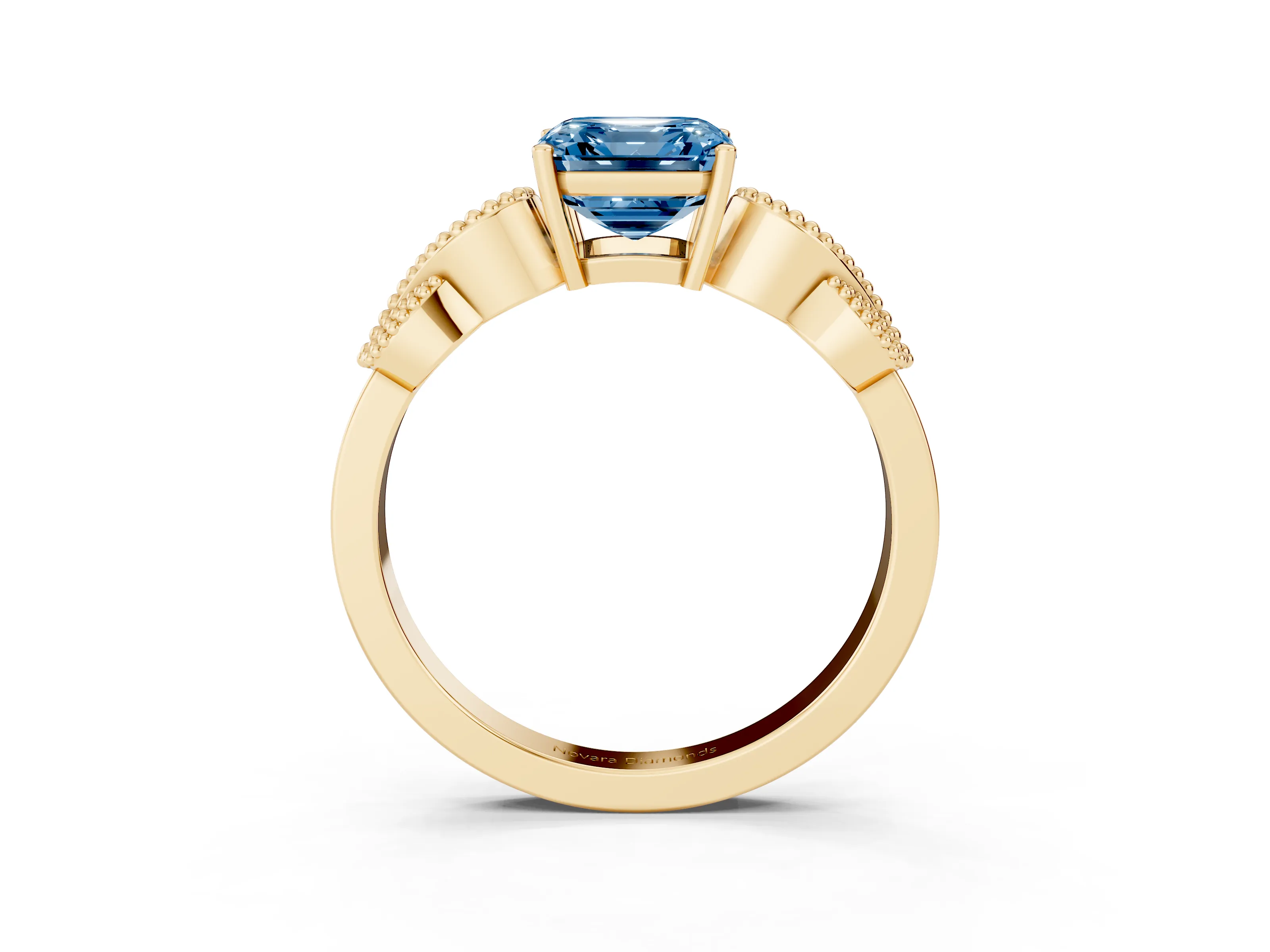 Fancy Blue Asscher Cut Diamond Milgrain Leaf Band Solitaire Ring Set in Yellow gold with Accent Stones and Prong Setting