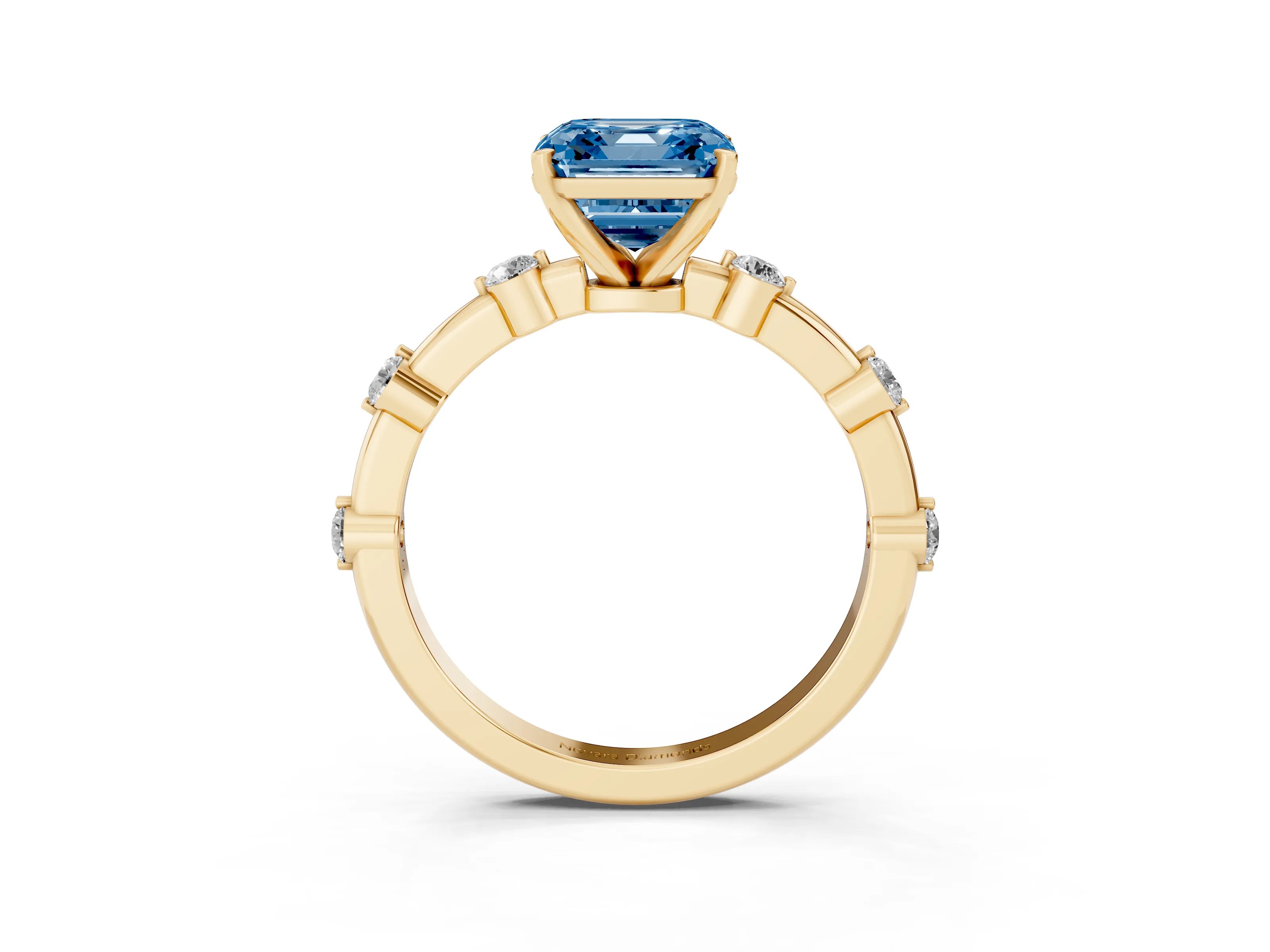Fancy Blue Asscher Cut Diamond Solitaire Ring Set in Yellow gold with Bezel Set Side Stones and Prong Setting