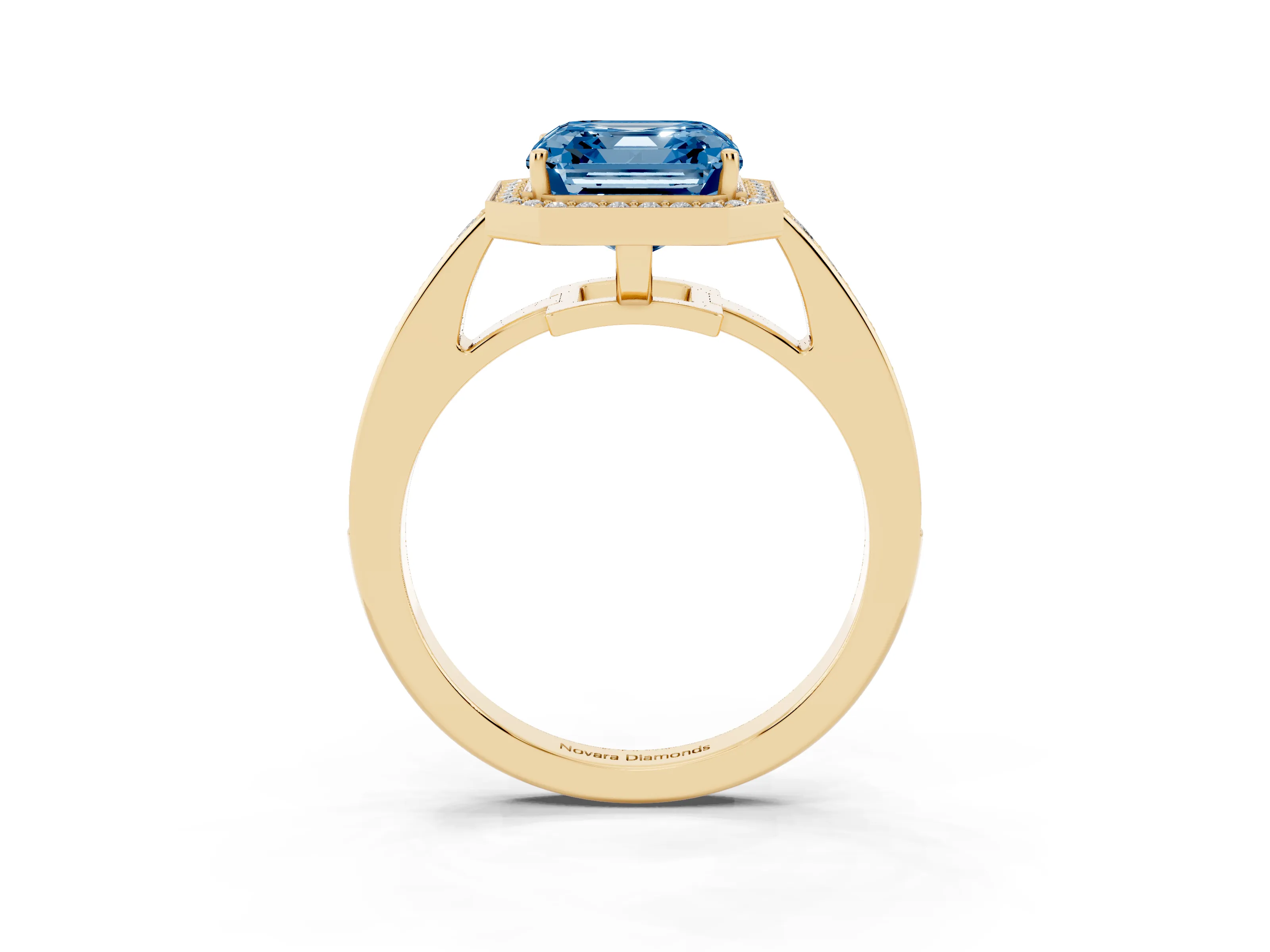 Fancy Blue Asscher Cut Diamond Halo Pavé Engagement Ring Set in Yellow gold with Bezel Setting