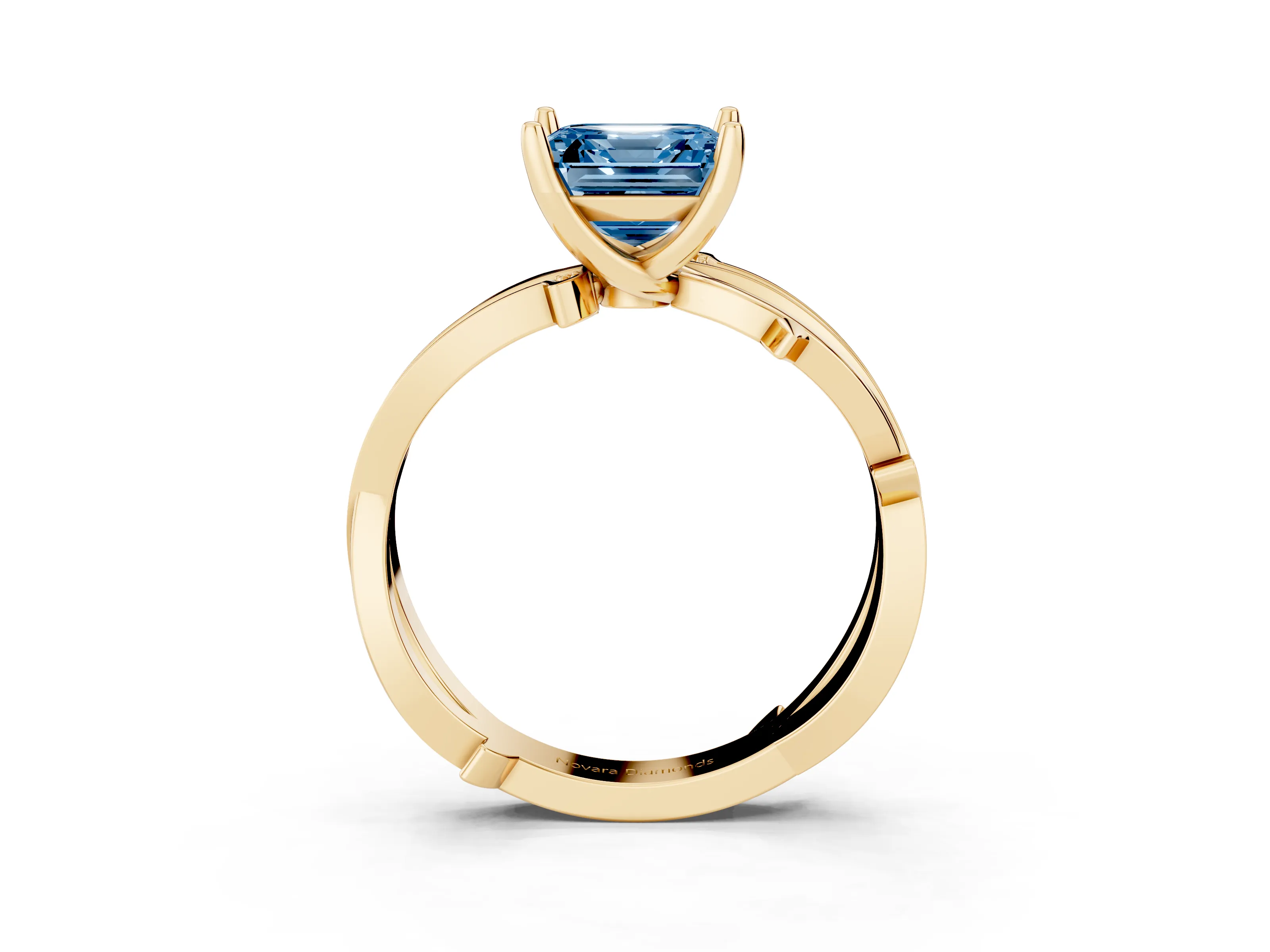 Fancy Blue Asscher Cut Diamond Pavé Twist Band Solitaire Ring Set in Yellow gold with Prong Setting