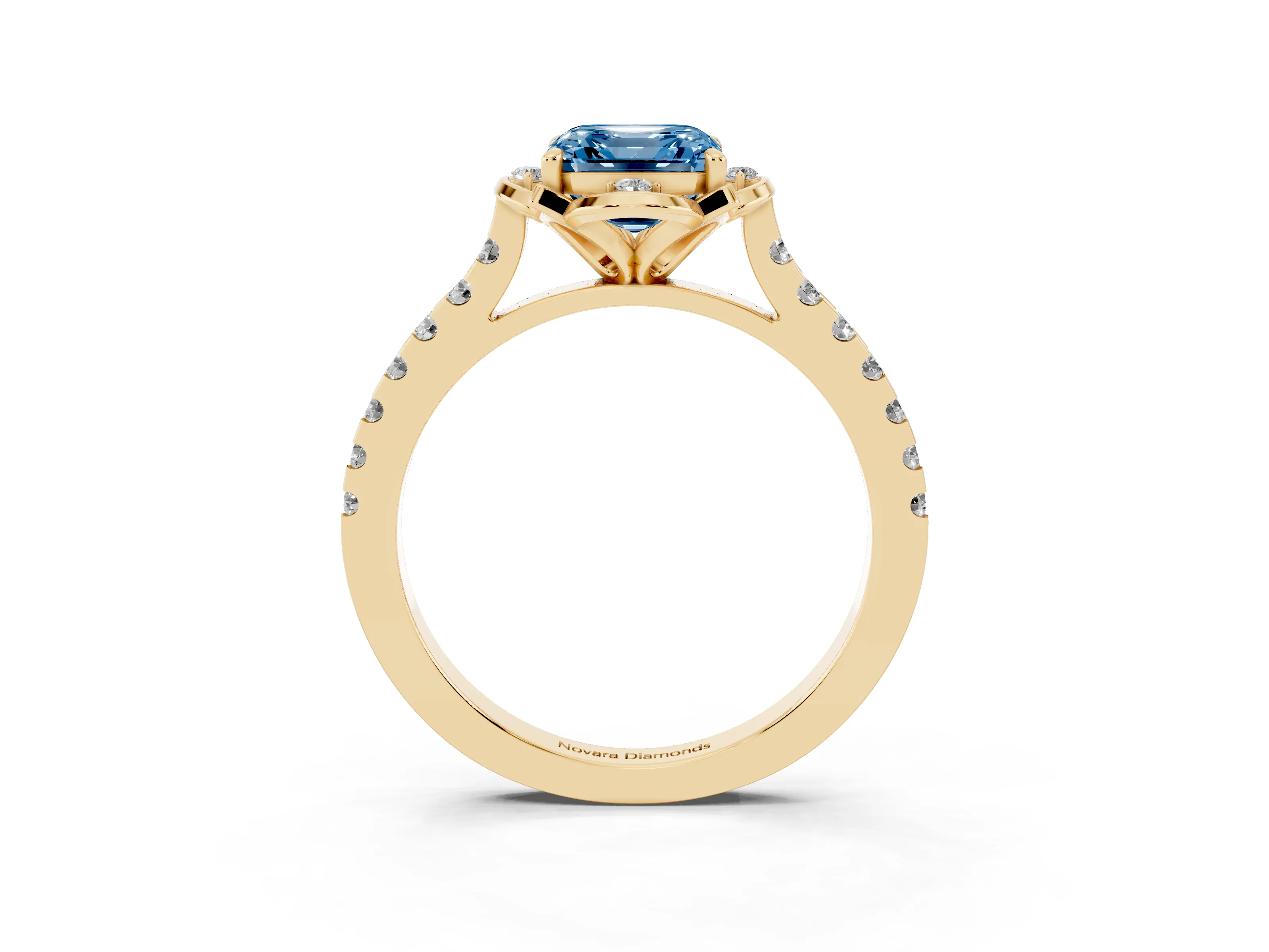 Fancy Blue Asscher Cut Diamond Solitaire Ring Set in Yellow gold with Pavé Band and Floral Prong Setting