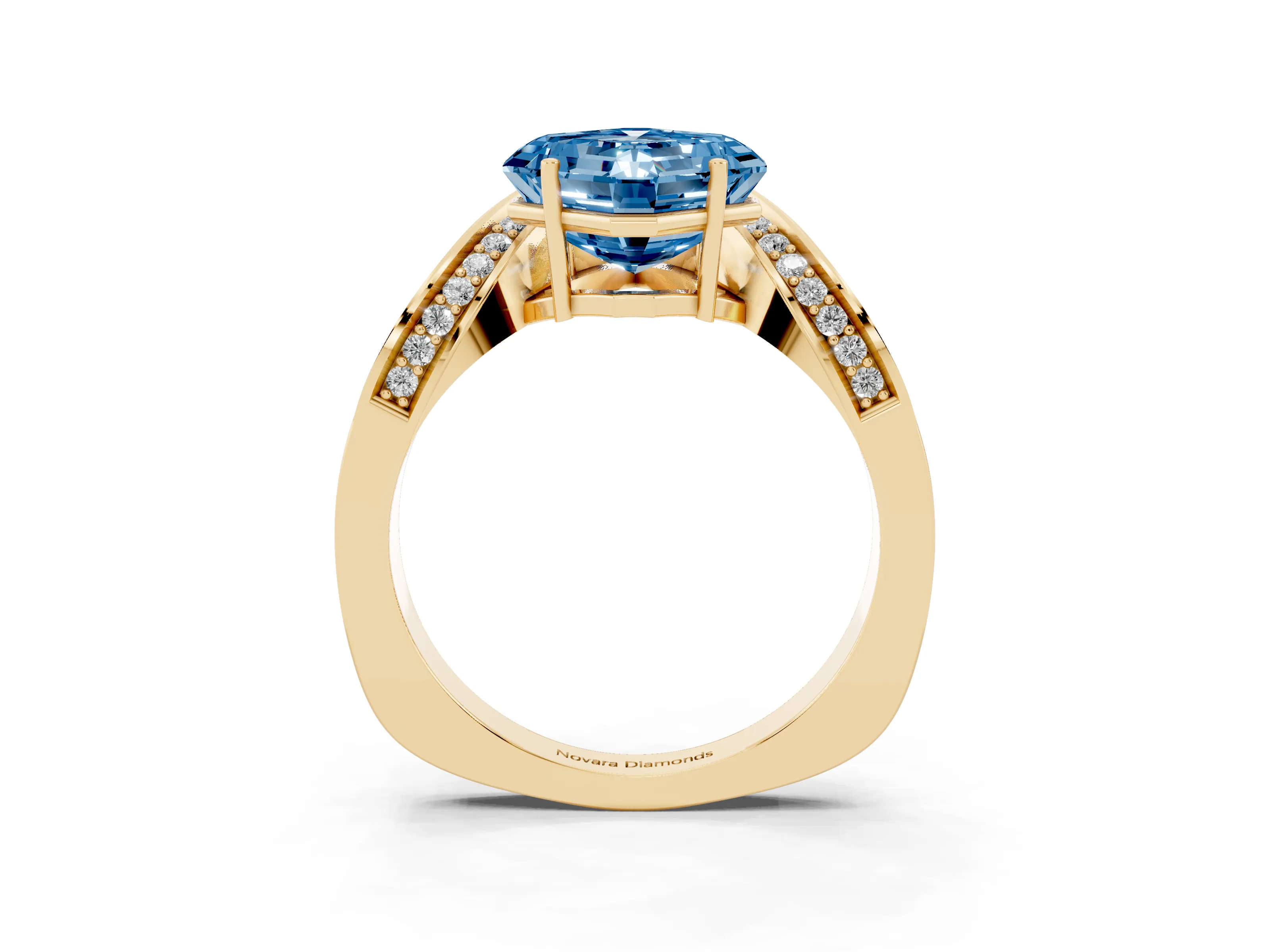 Fancy Blue Asscher Cut Diamond Solitaire Engagement Ring Set in Yellow gold with Pavé Shoulders