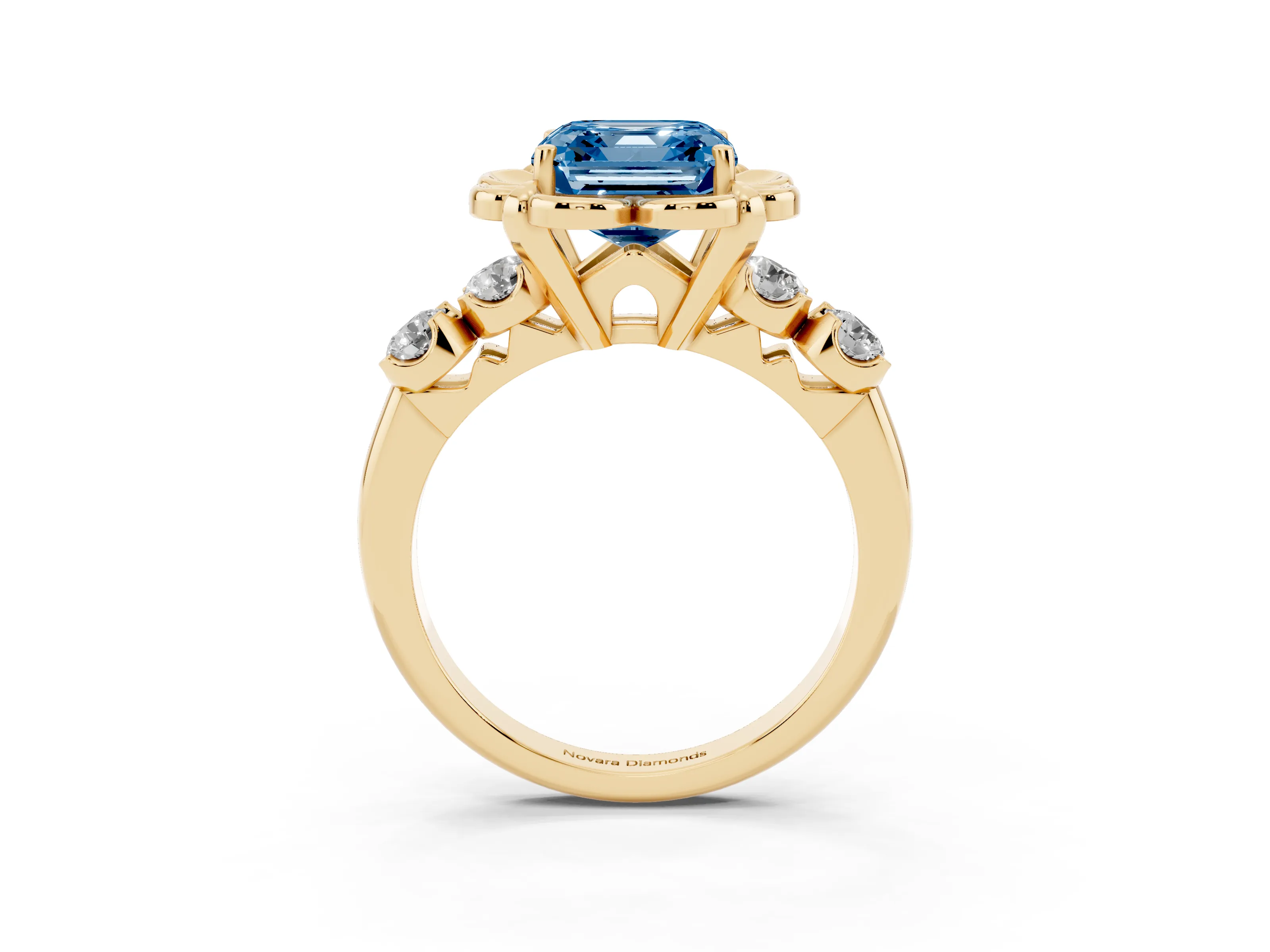 Fancy Blue Asscher Cut Diamond Floral Halo Ring Set in Yellow gold with Shared Prong Band