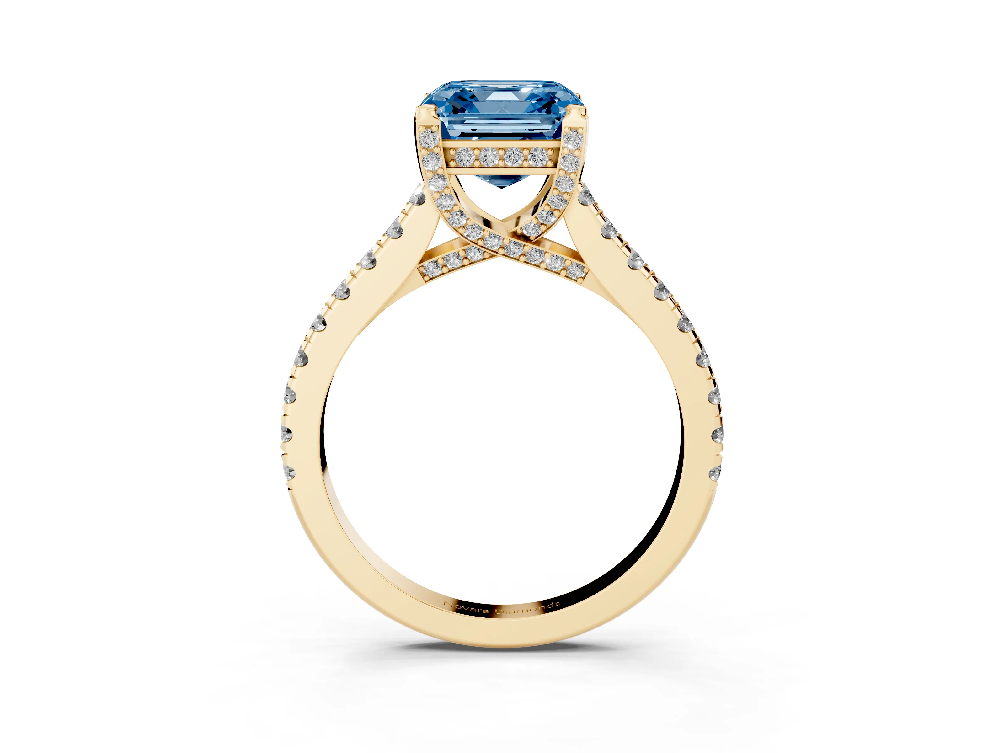 Fancy Blue Asscher Cut Diamond Solitaire Ring Set in Yellow gold with Brilliant Pavé Band and Prong Setting