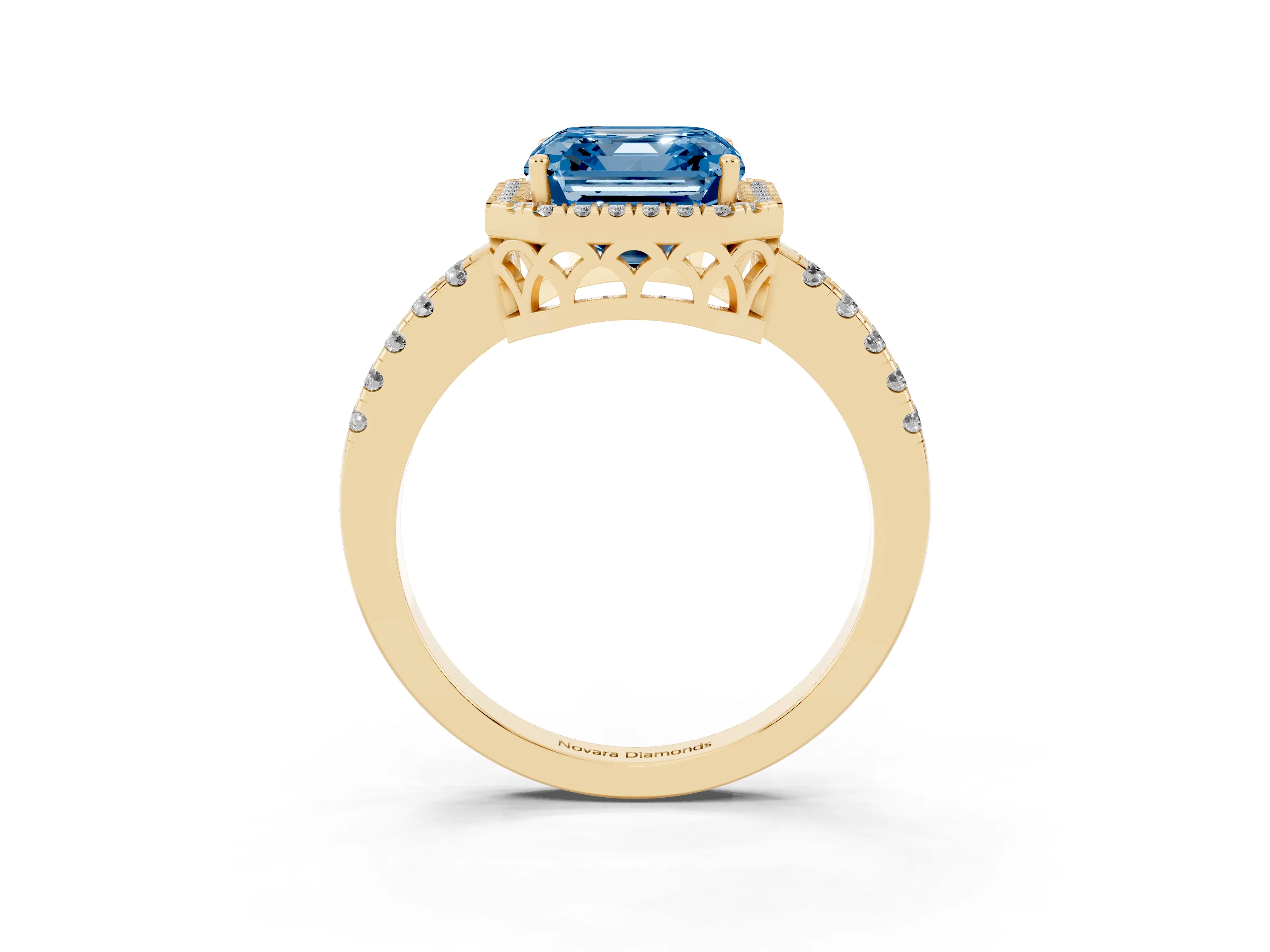 Fancy Blue Asscher Cut Diamond Pavé Band Halo Engagement Ring Set in Yellow gold with Prong Setting