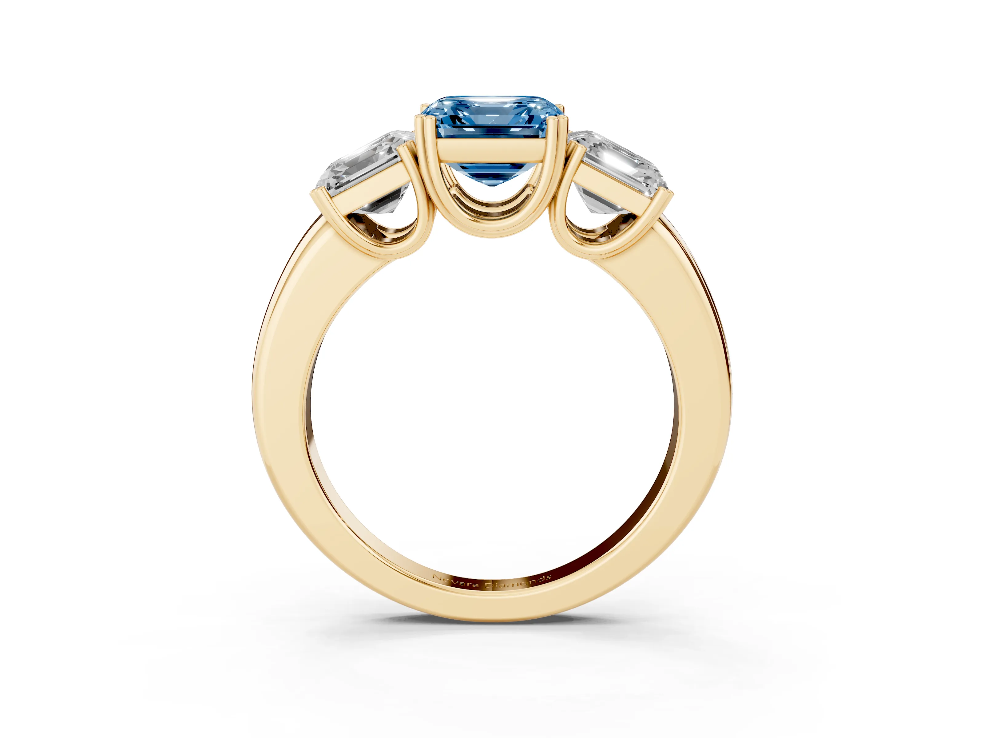 Fancy Blue Asscher Cut Diamond Three-Stone Ring Set in Yellow gold with Polished Band and Prong Setting