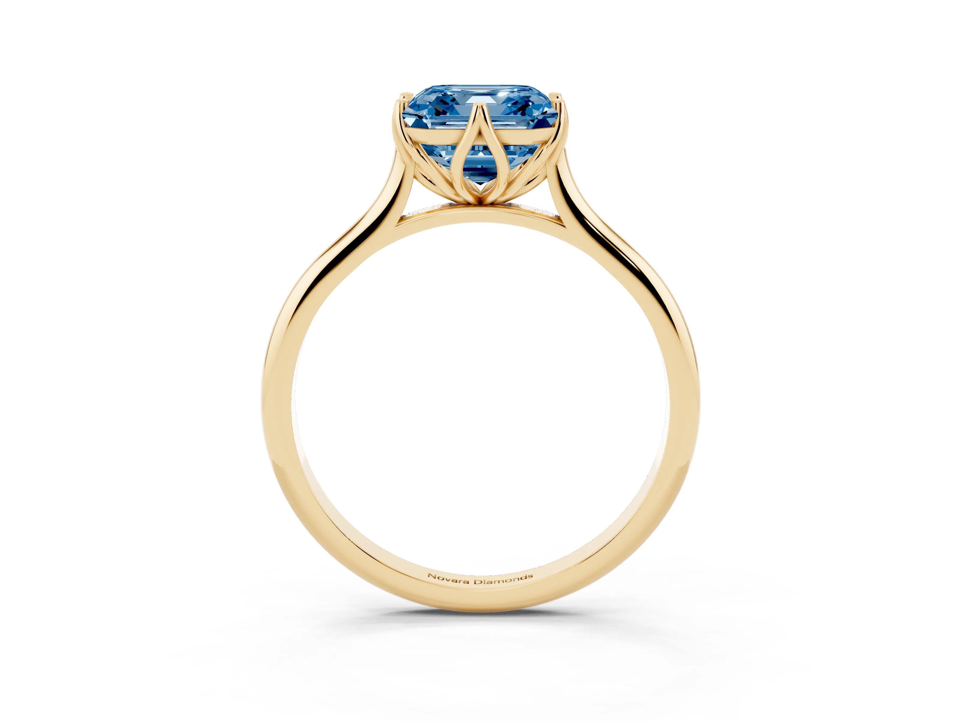 Fancy Blue Asscher Cut Diamond Solitaire Cathedral Ring Set in Yellow gold with Prong Setting