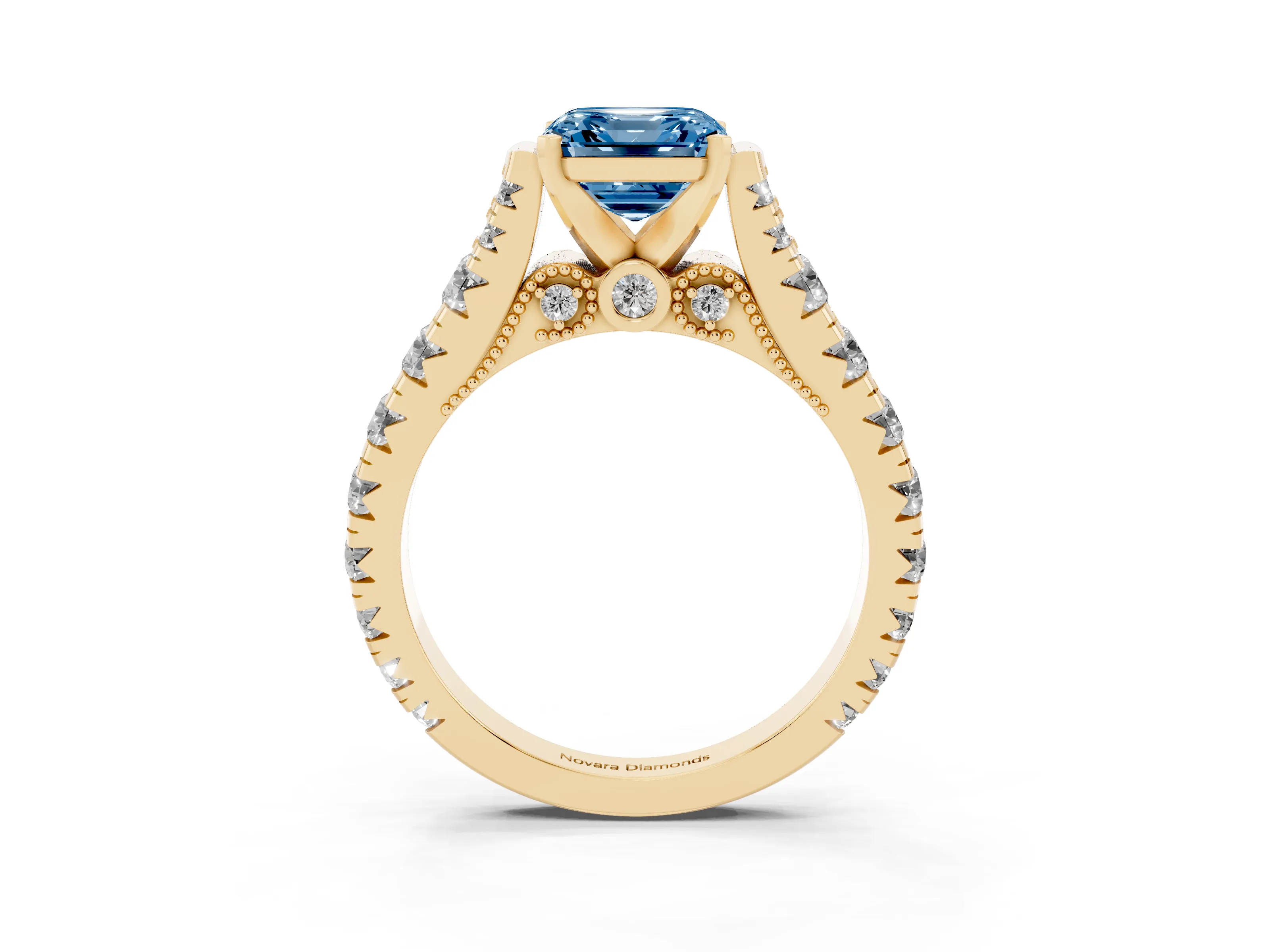 Fancy Blue Asscher Cut Diamond Classic Solitaire Ring Set in Yellow gold with Pavé Band and Prong Setting