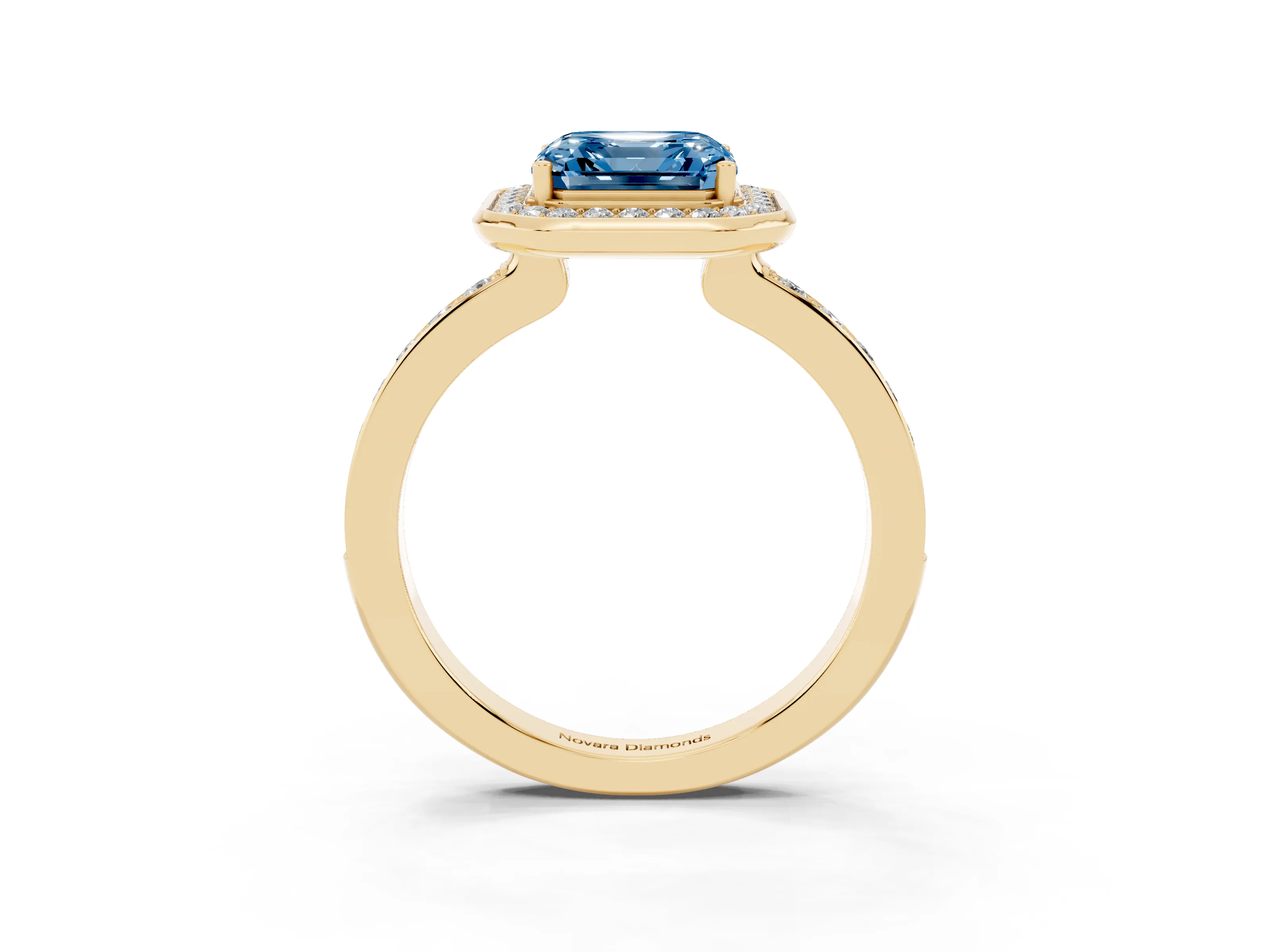 Fancy Blue Asscher Cut Diamond Halo Ring Set in Yellow gold with Bezel Frame and Pavé Band