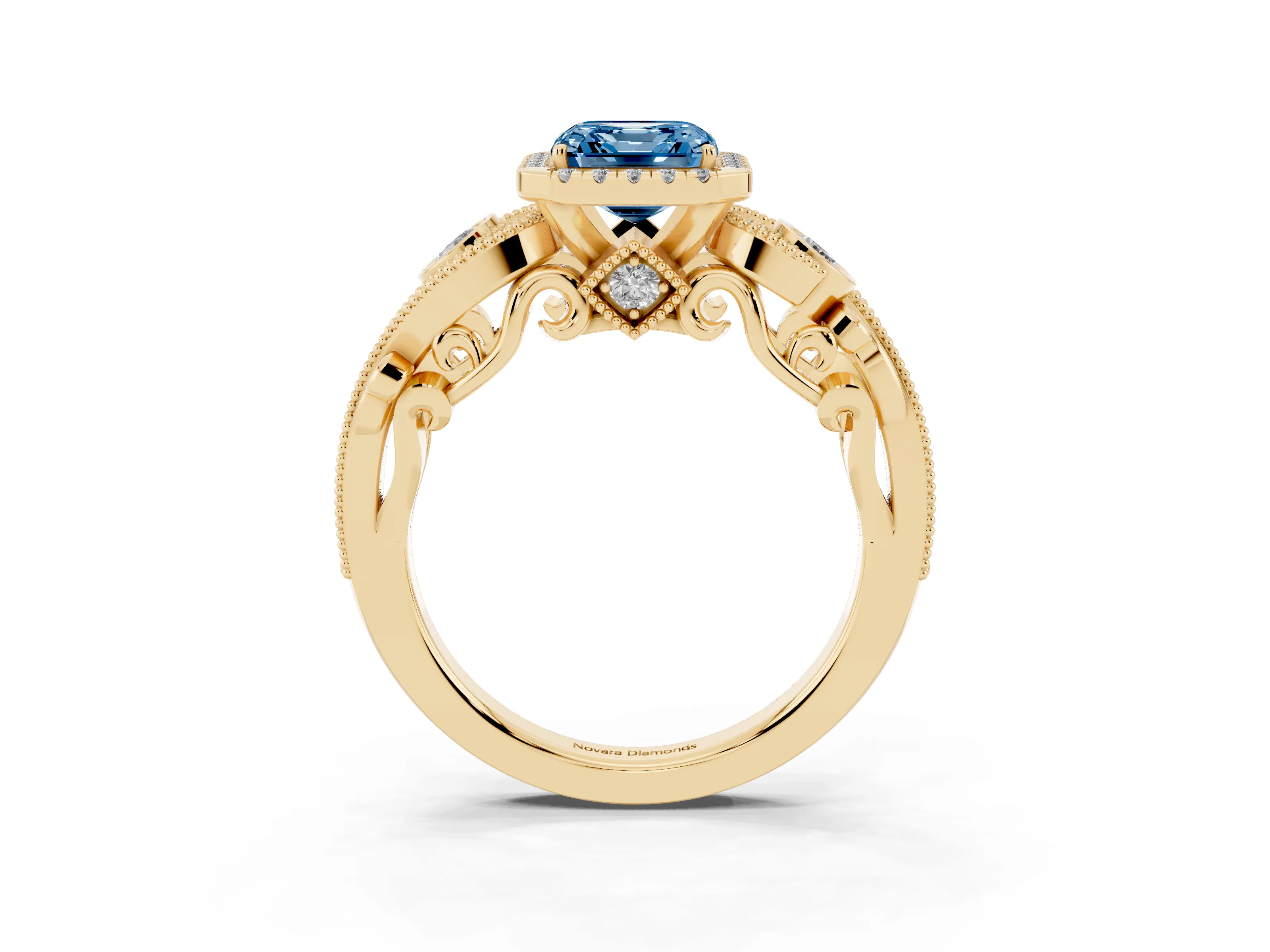 Fancy Blue Asscher Cut Diamond Halo Ring Set in Yellow gold with Milgrain Pavé Band and Prong Setting