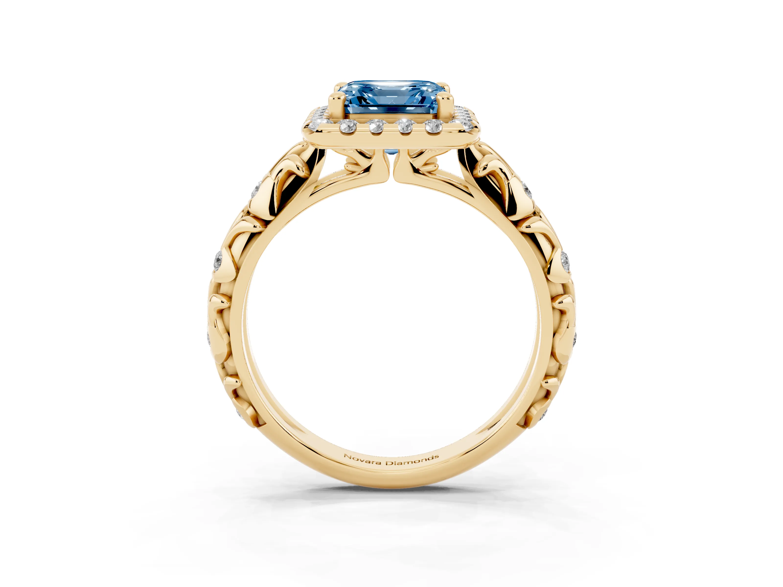 Fancy Blue Asscher Cut Diamond Halo Ring Set in Yellow gold with Filigree Leaf Band and Prong Setting