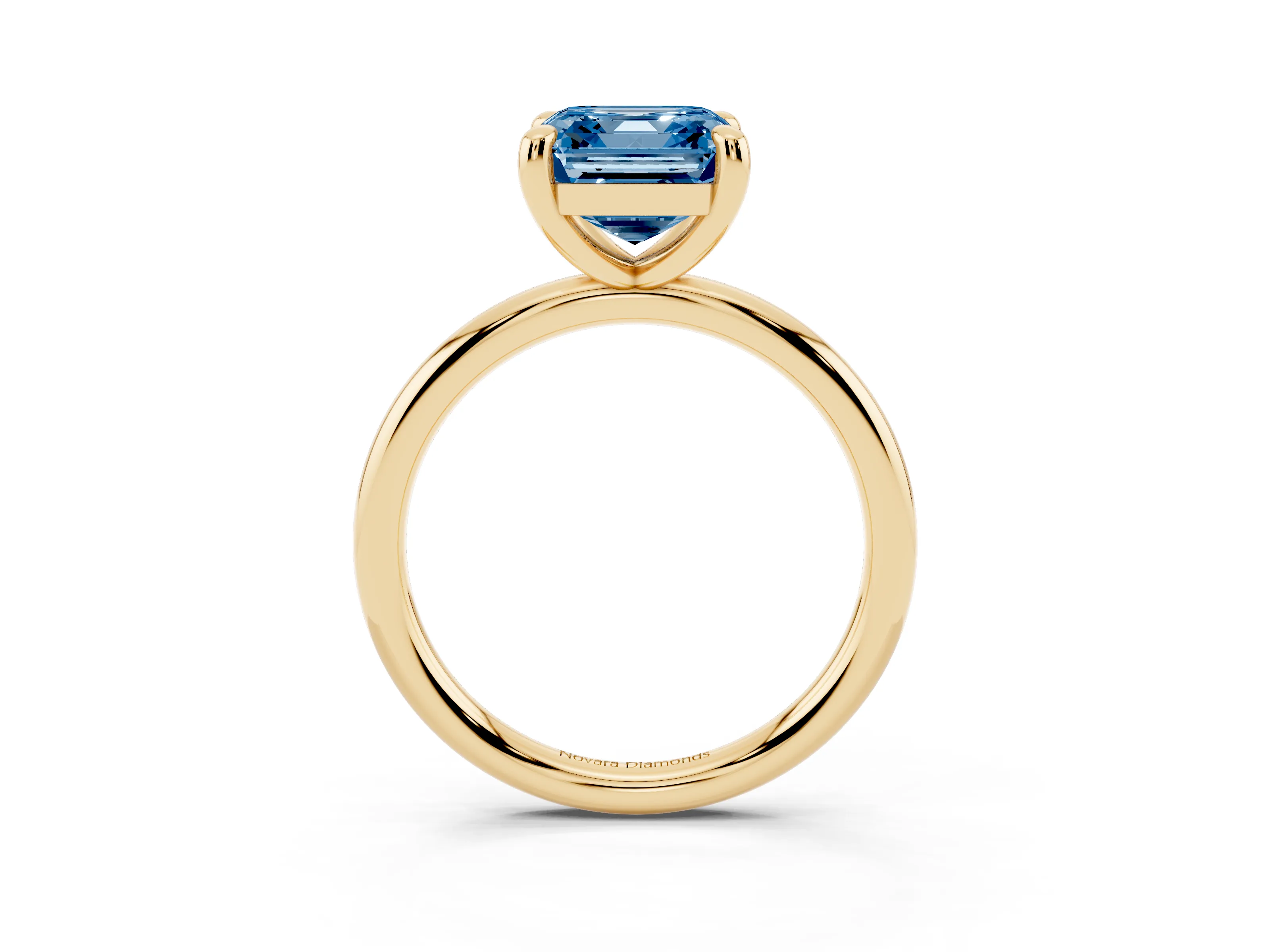 Fancy Blue Asscher Cut Diamond Solitaire Ring Set in Yellow gold with Prong Setting on a Polished Plain Band
