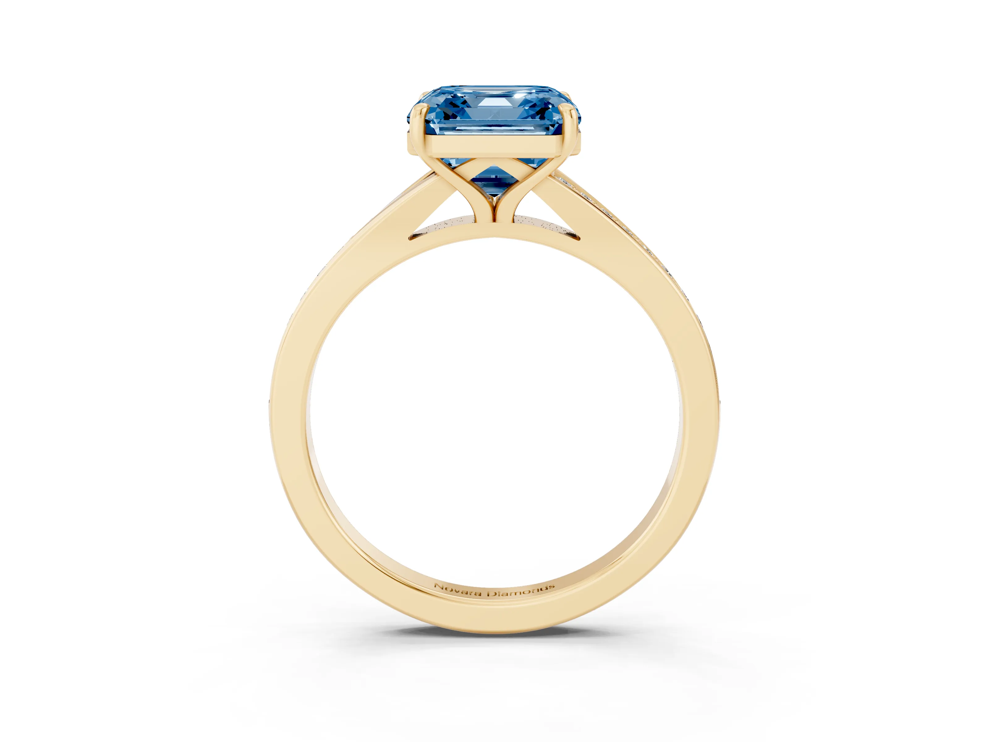 Fancy Blue Asscher Cut Diamond Solitaire Ring Set in Yellow gold with Pavé Accent Band and Classic Prong Setting
