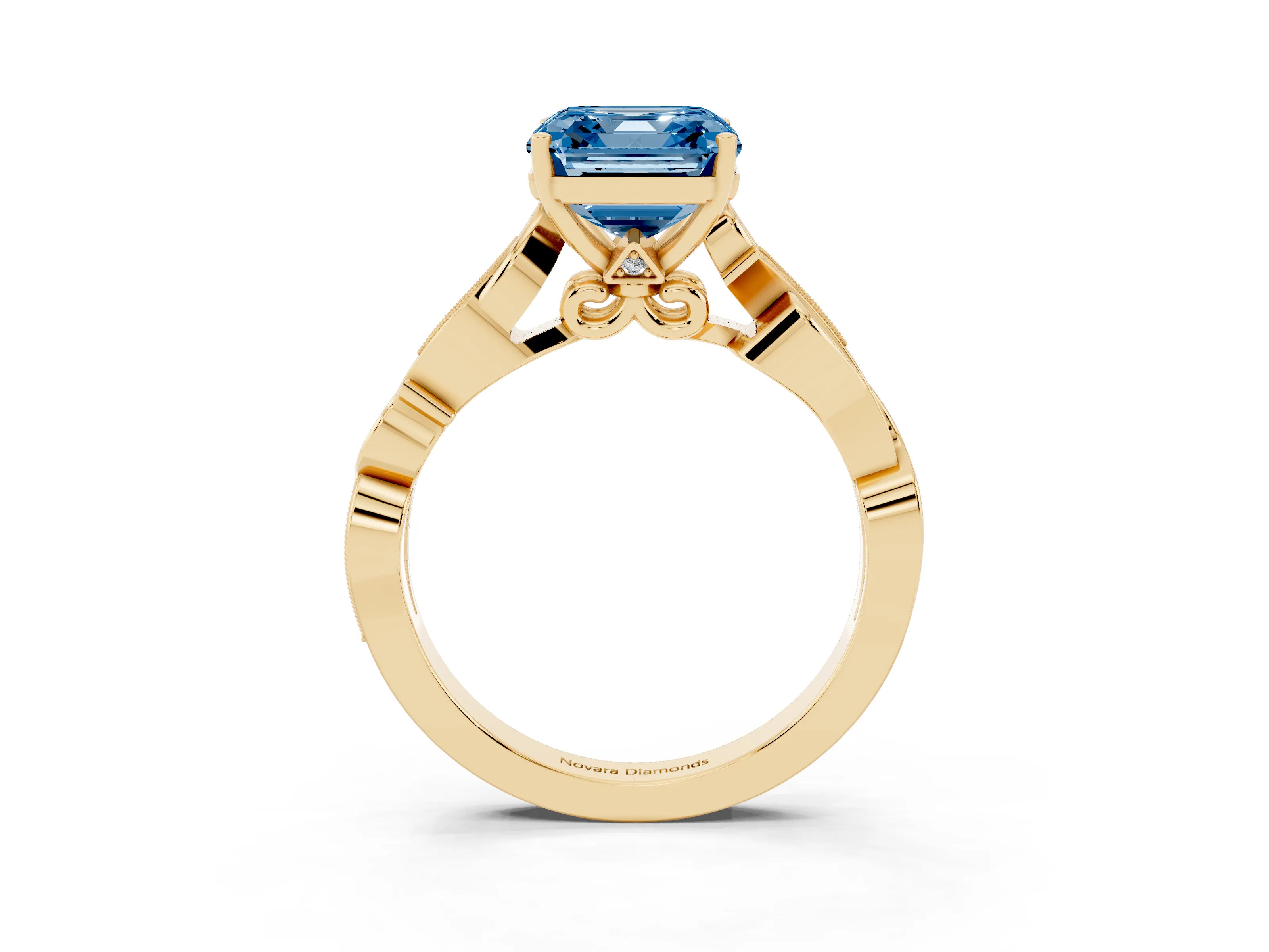 Fancy Blue Asscher Cut Diamond Vine Band Solitaire Ring Set in Yellow gold with Milgrain Prong Setting