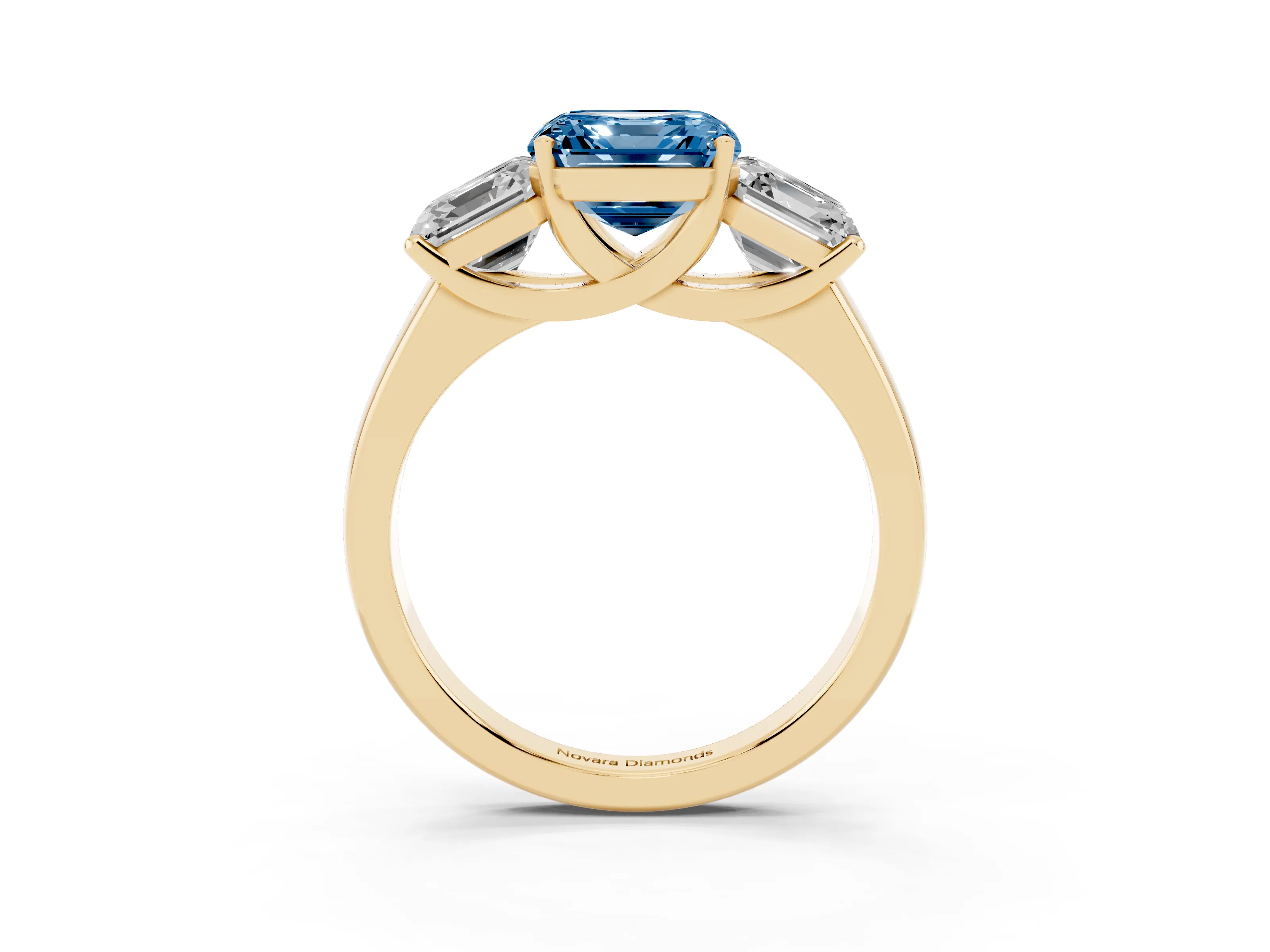 Fancy Blue Asscher Cut Diamond Three-Stone Ring Set in Yellow gold with Classic Prong Setting and Plain Band