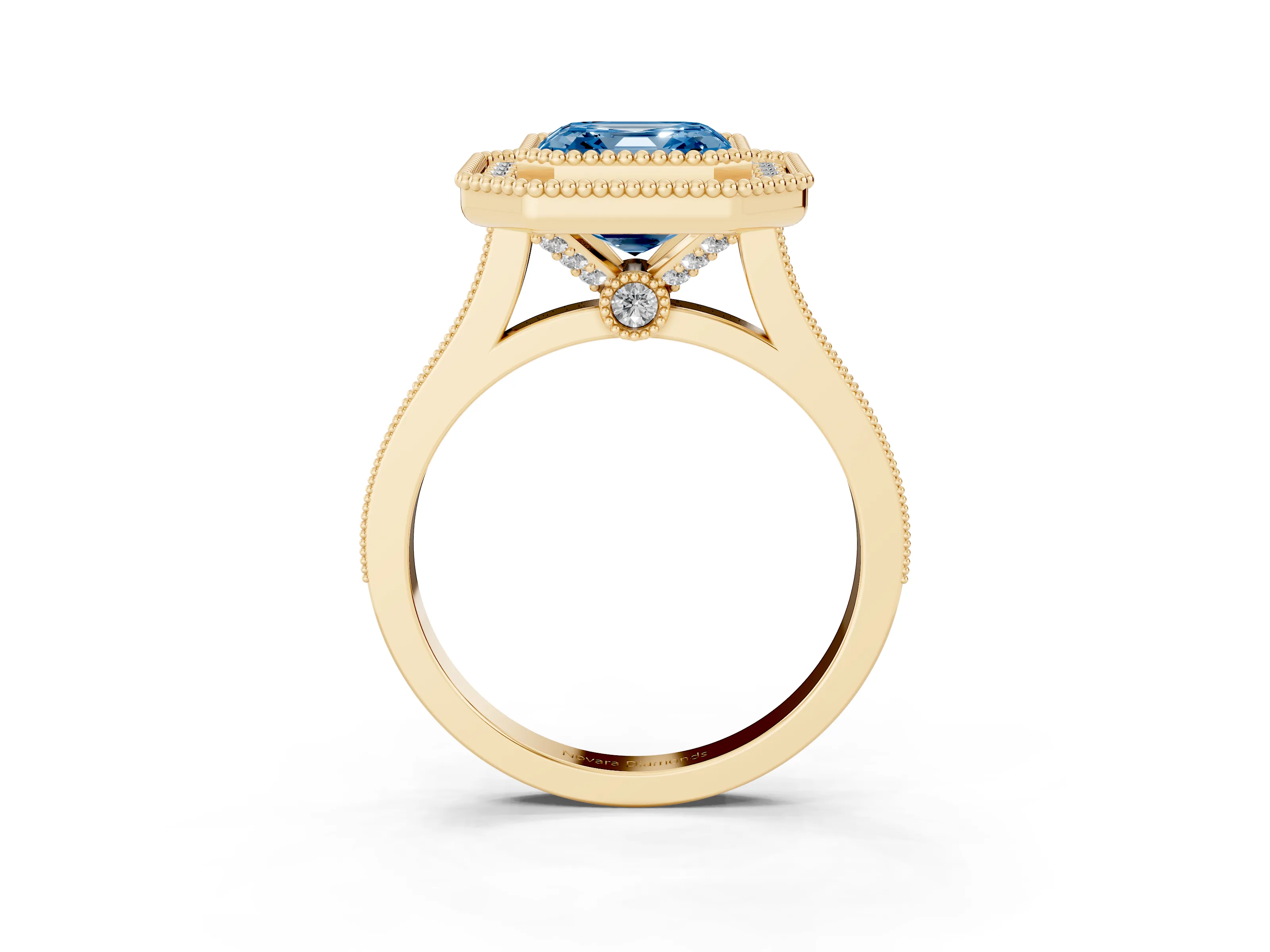 Fancy Blue Asscher Cut Diamond Halo Ring Set in Yellow gold with Milgrain Frame and Pavé Band