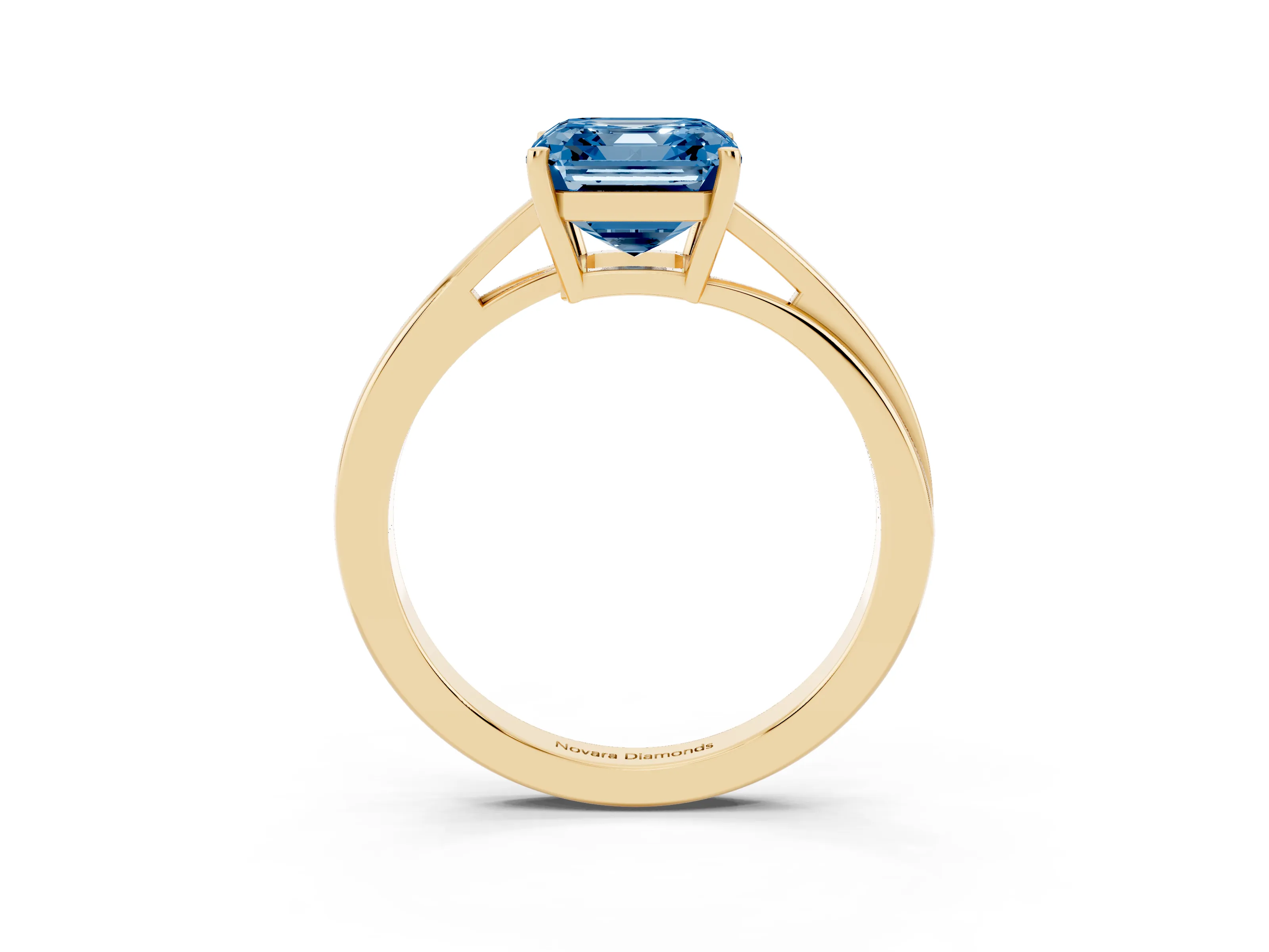 Fancy Blue Asscher Cut Diamond Solitaire Twist Band Ring Set in Yellow gold with Prong Setting