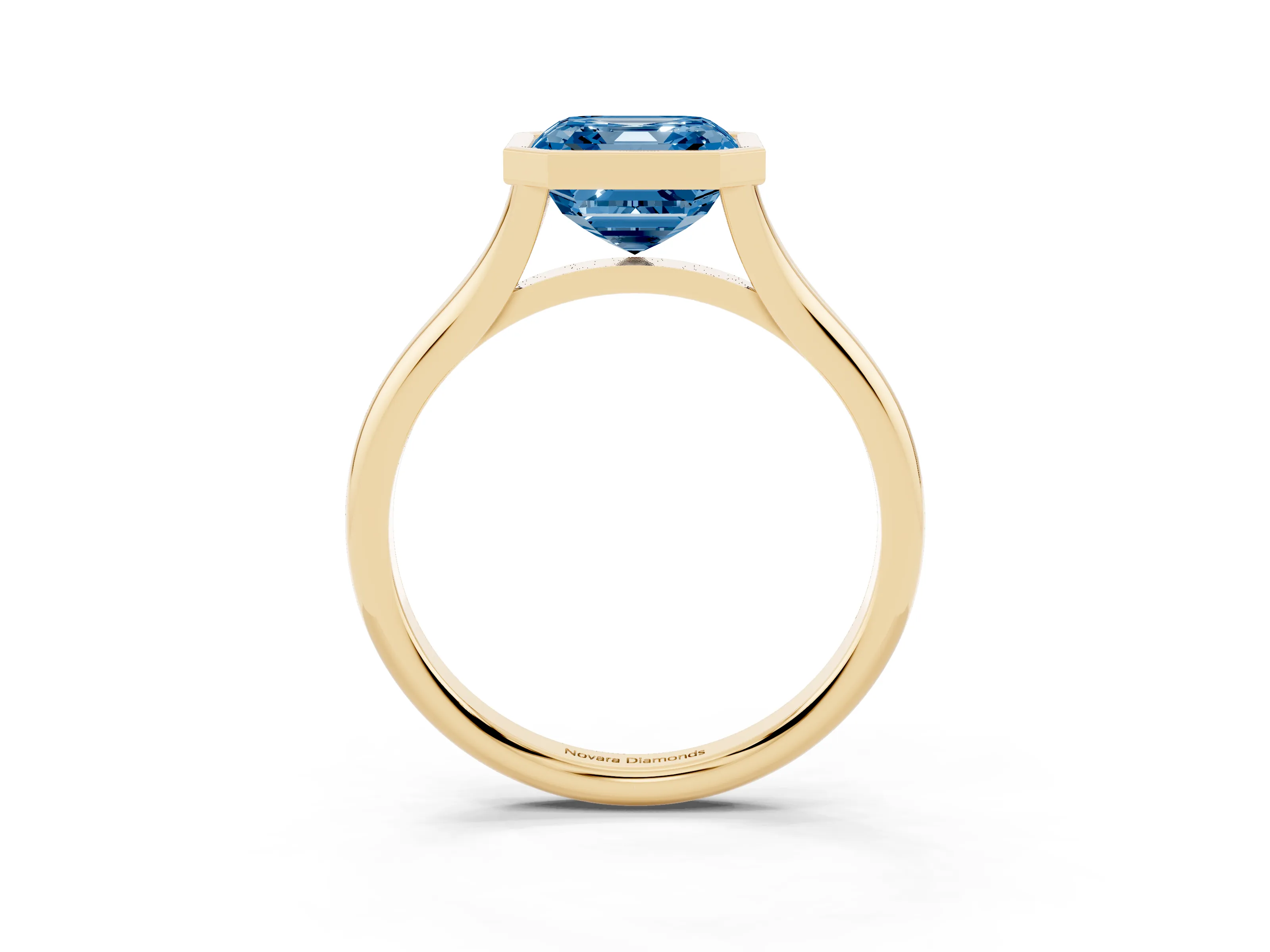 Fancy Blue Bezel Set Asscher Cut Diamond Solitaire Ring Set in Yellow gold with Tapered Band