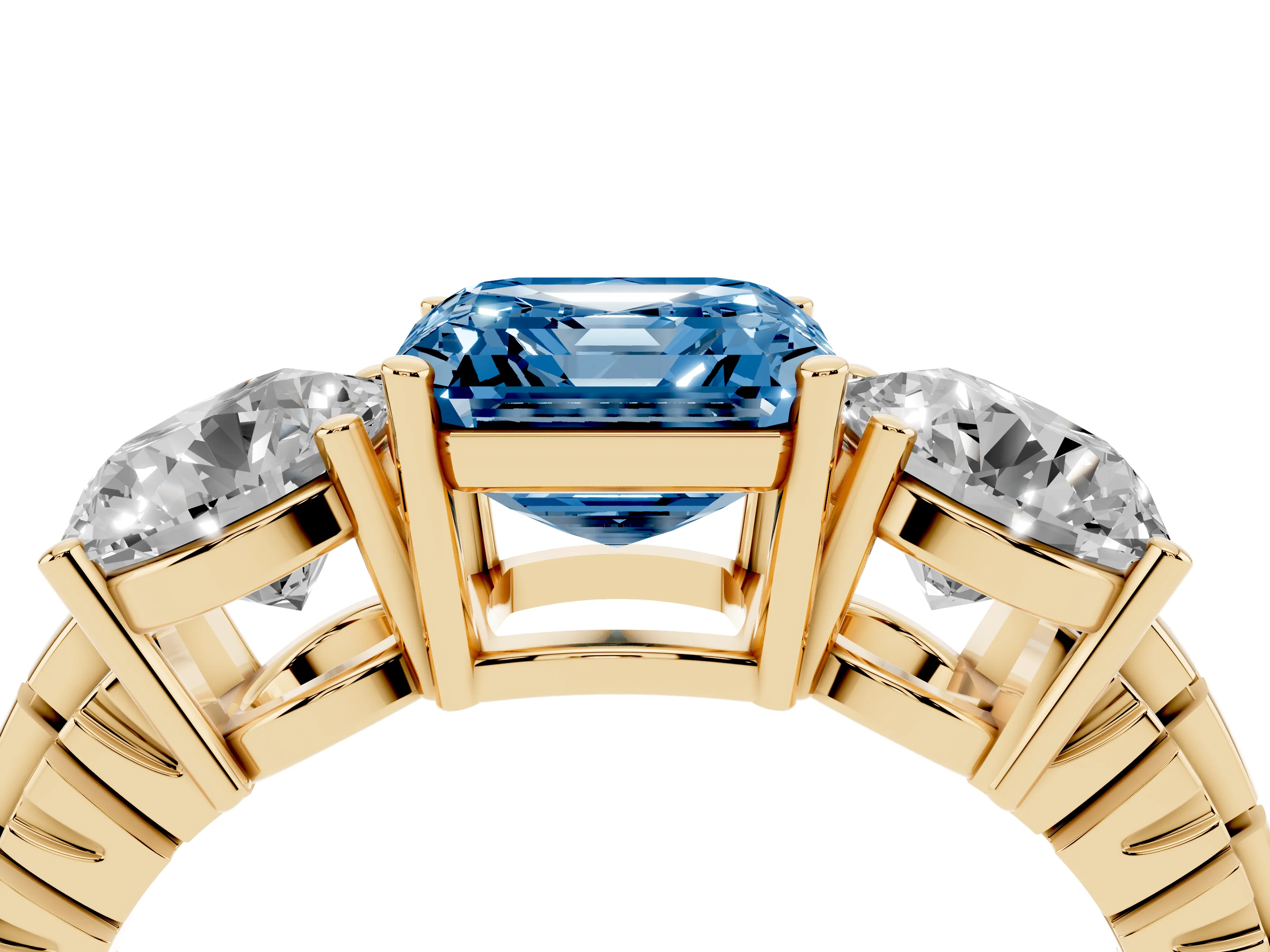 Fancy Blue Asscher Cut Diamond Three-Stone Ring Set in Yellow gold with Channel-Set Accent Band