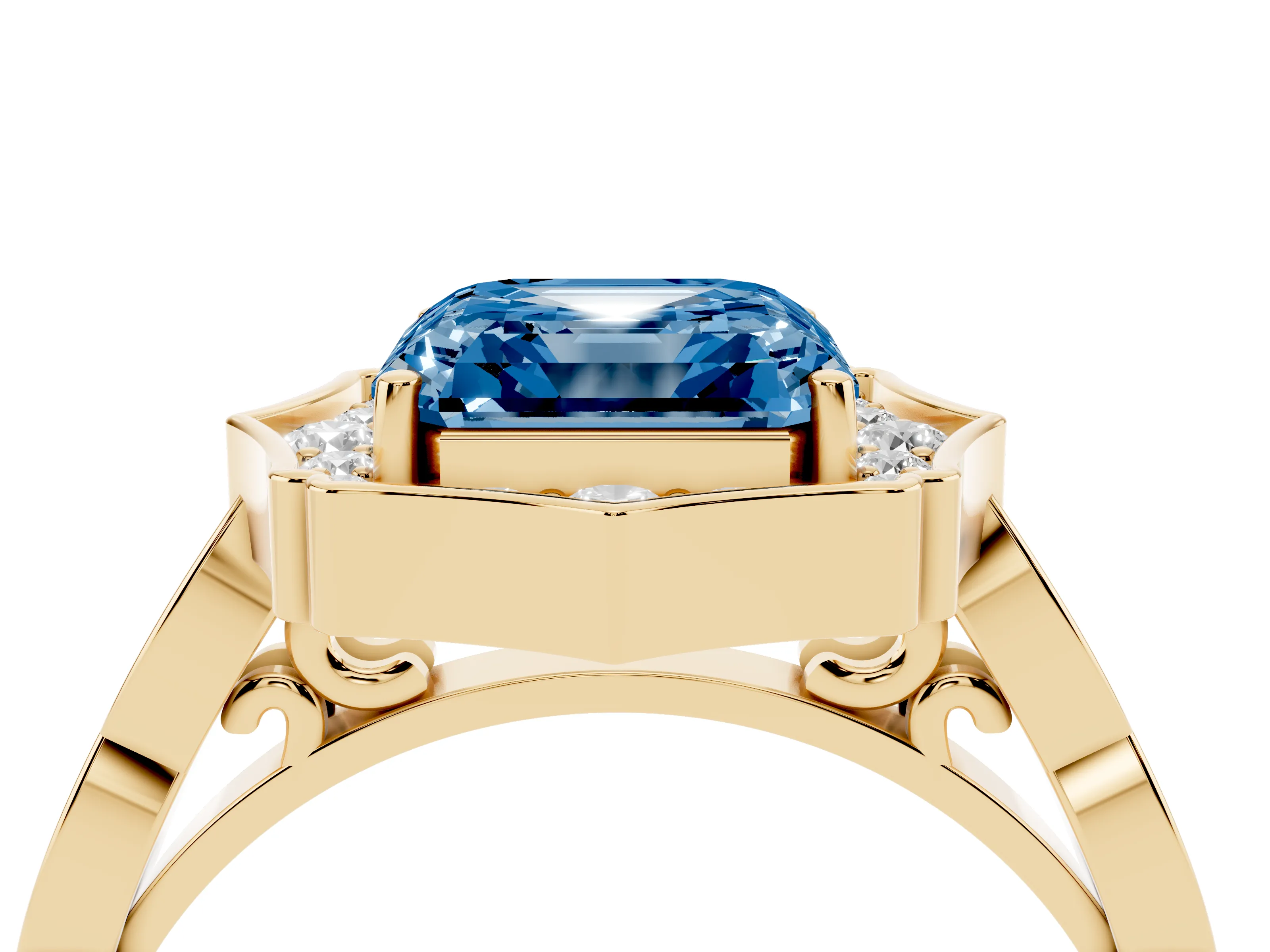Fancy Blue Asscher Cut Diamond Halo Engagement Ring Set in Yellow gold with Milgrain Band and Prong Setting