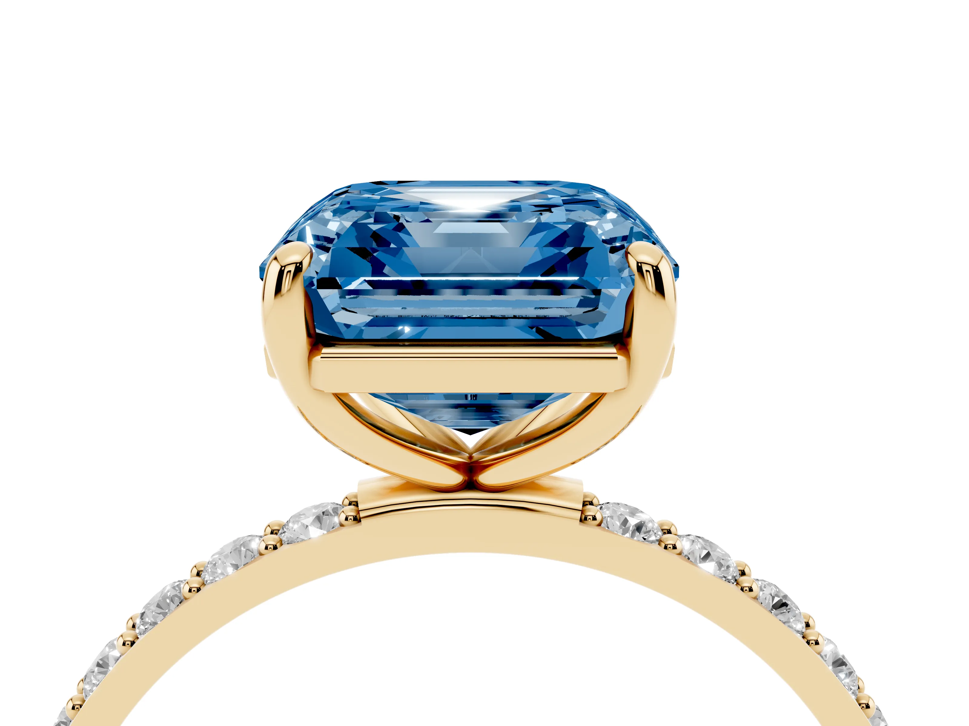 Fancy Blue Asscher Cut Diamond Solitaire Ring Set in Yellow gold with Round Pavé Band and Prong Setting