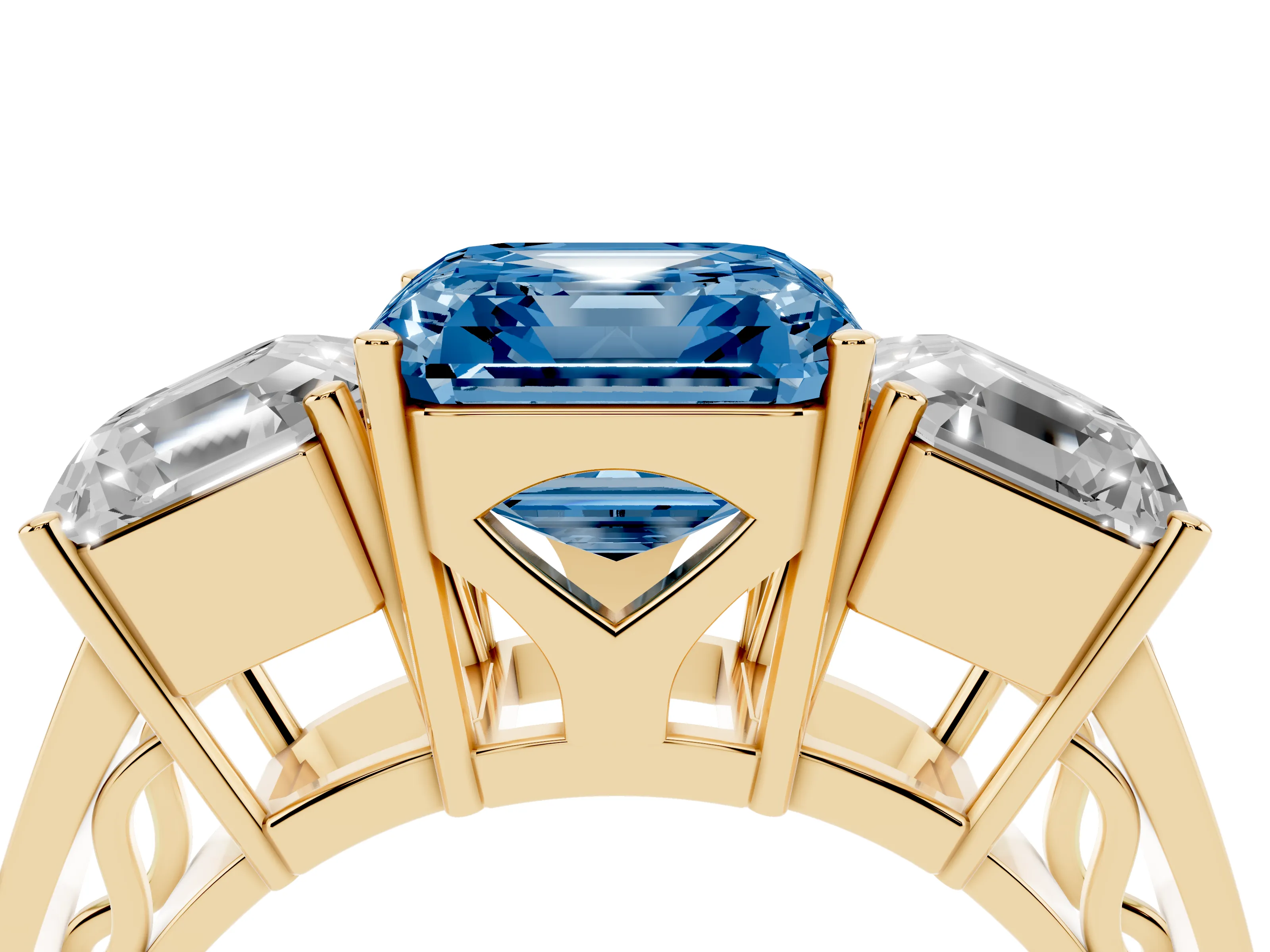 Fancy Blue Asscher Cut Diamond Three-Stone Ring Set in Yellow gold with Textured Band