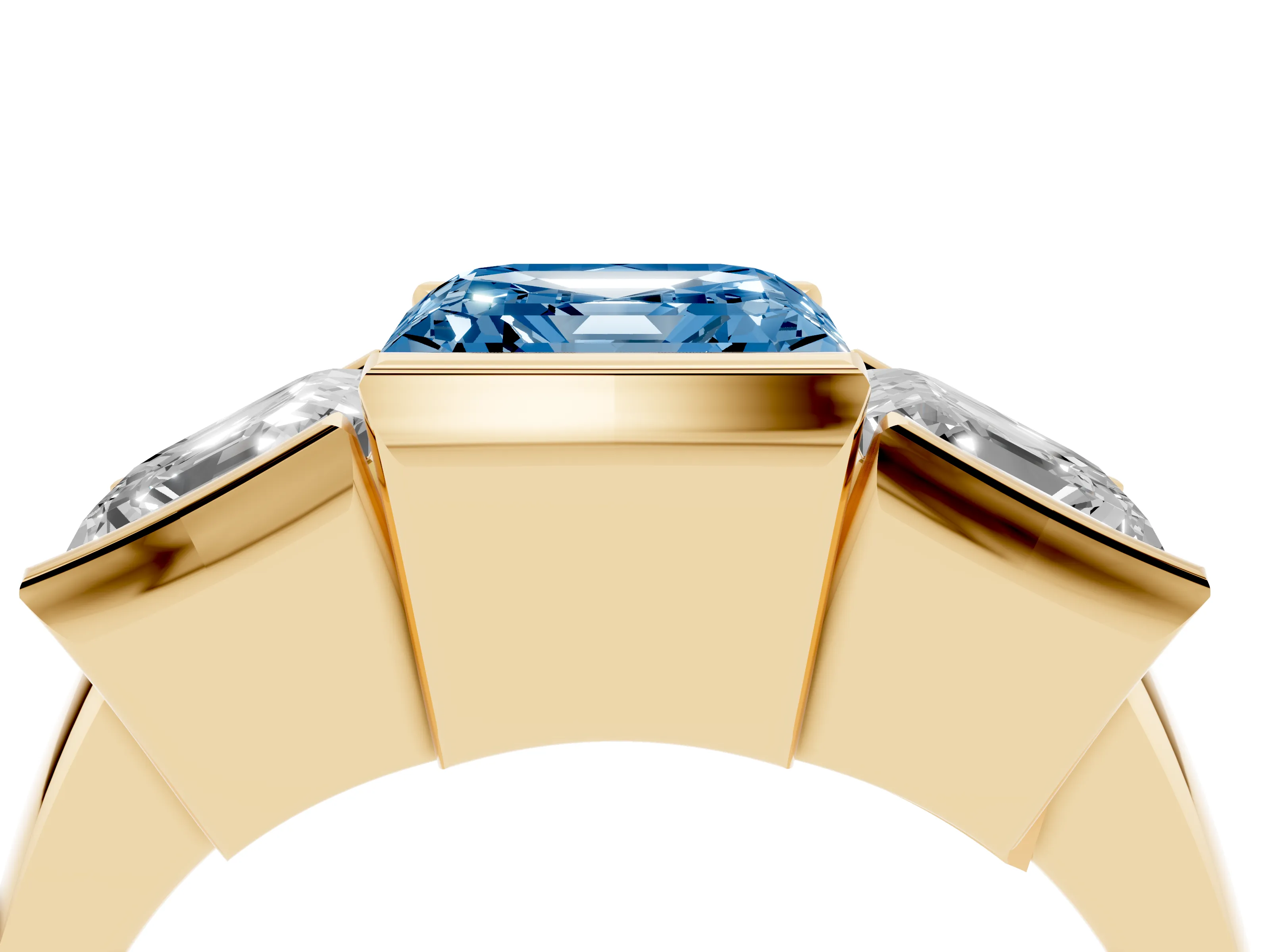 Fancy Blue Asscher Cut Diamond Three-Stone Channel Set Ring Set in Yellow gold with Smooth Polished Band