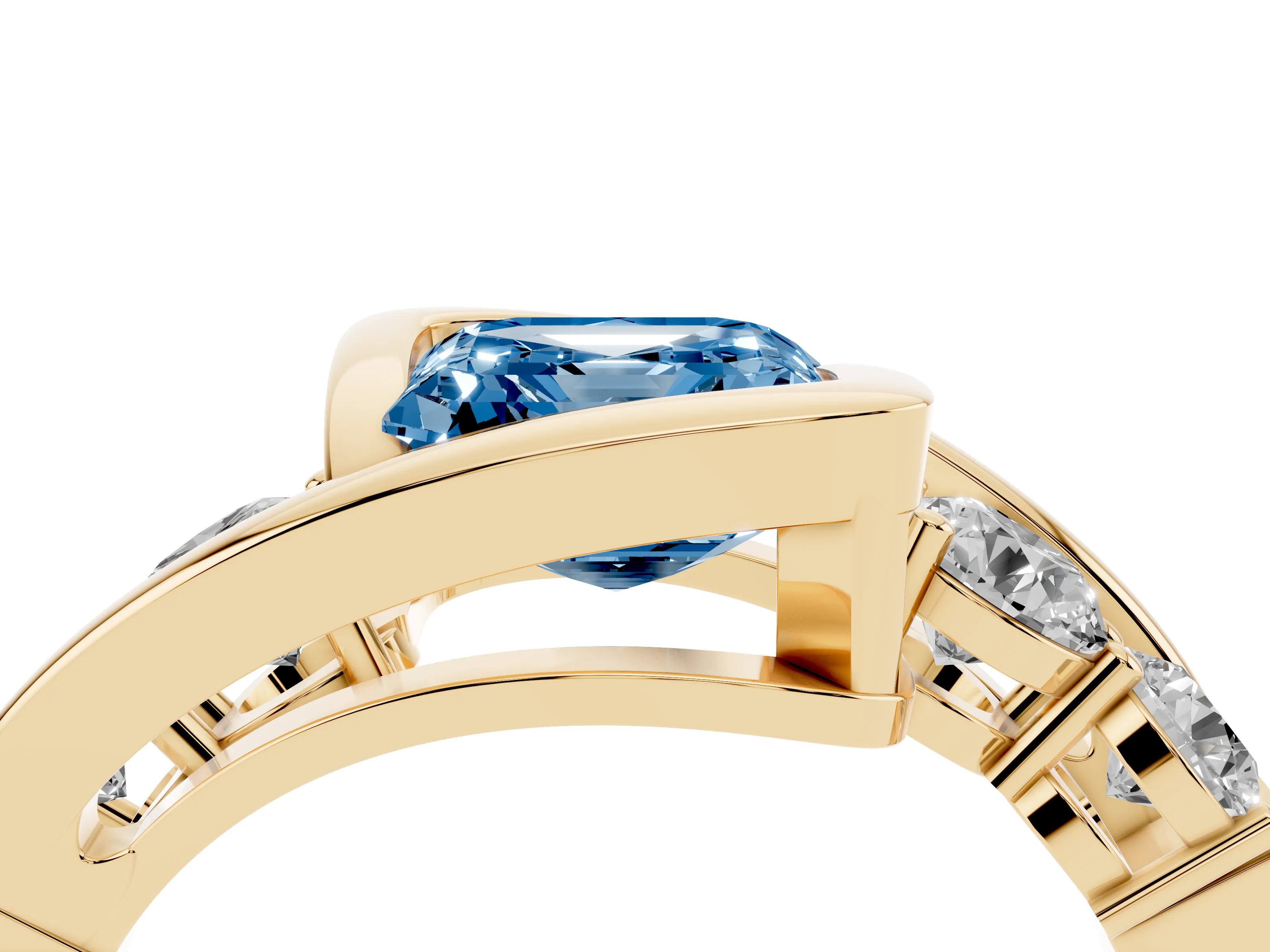 Fancy Blue Asscher Cut Diamond Bezel Bypass Ring Set in Yellow gold with Round Accents