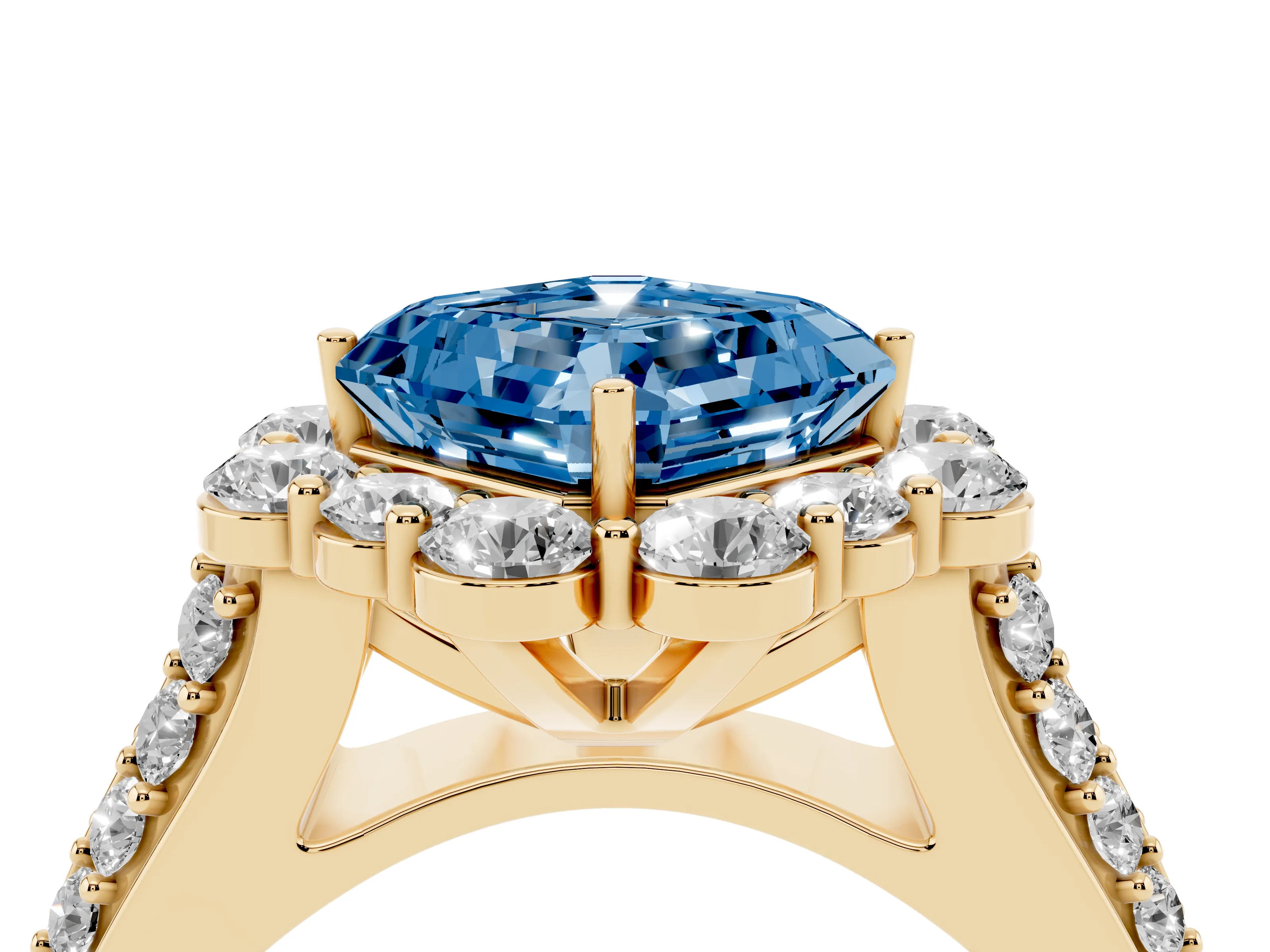 Fancy Blue Asscher Cut Diamond Halo Engagement Ring Set in Yellow gold with Split Shank and Prong Setting