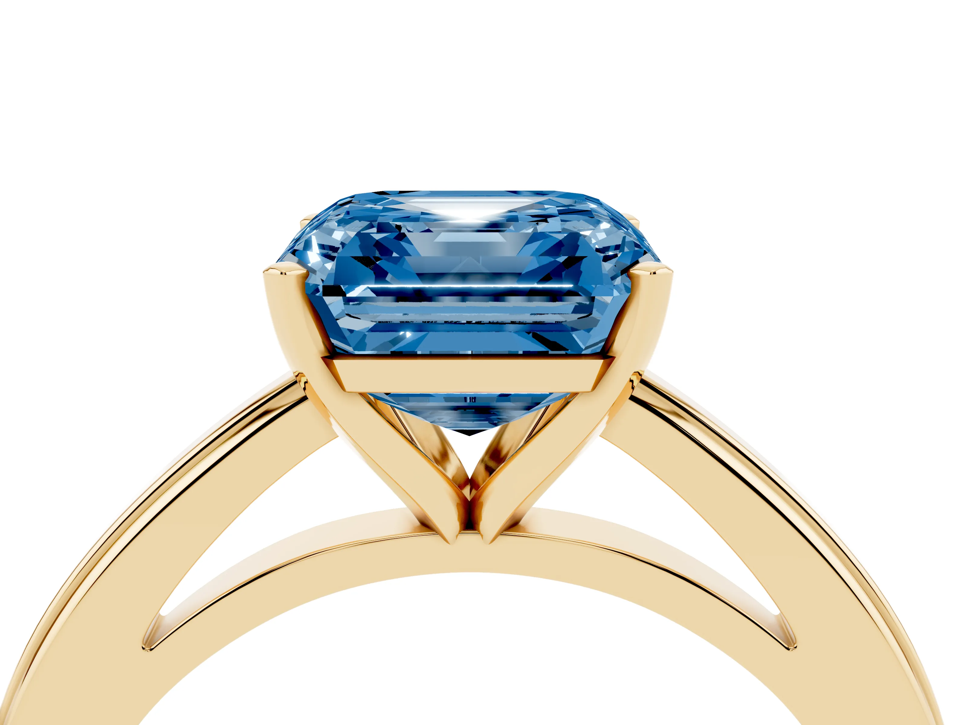 Fancy Blue Asscher Cut Diamond Solitaire Ring Set in Yellow gold with Prong Setting and Classic Band