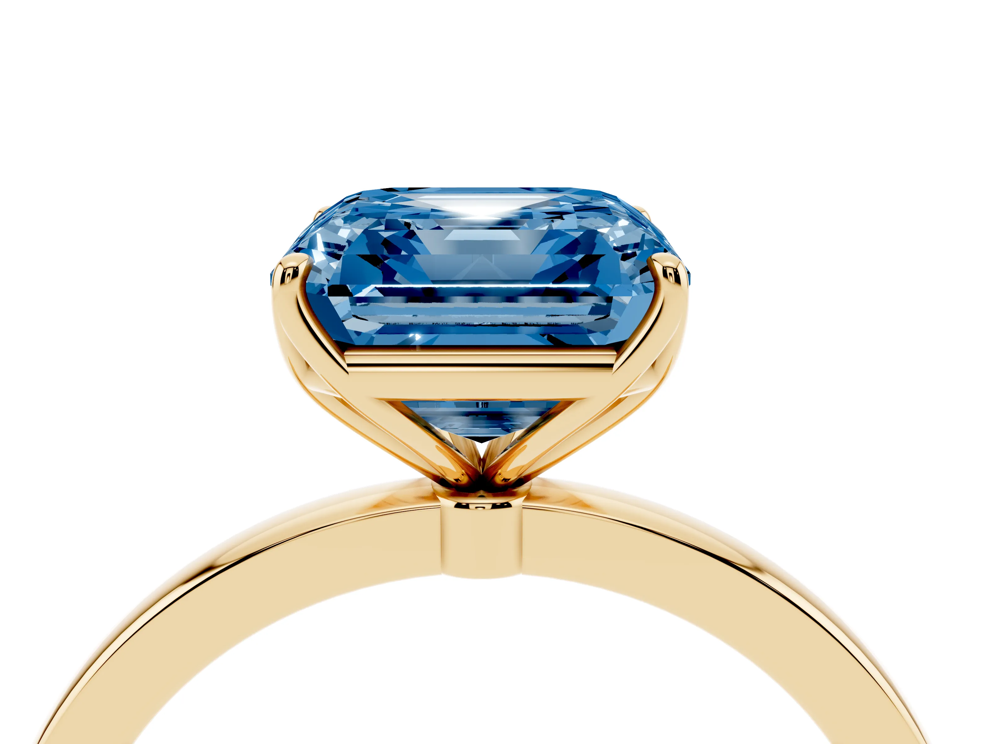 Fancy Blue Asscher Cut Diamond Solitaire Ring Set in Yellow gold with Prong Setting and Thin Polished Band